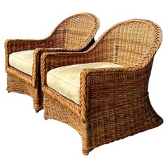 Vintage Braided Rattan Lounge Chairs - Pair