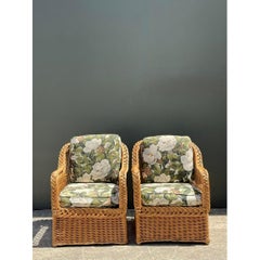 Vintage Braided Rattan Magnolia Print Lounge Chairs - A Pair
