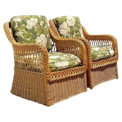 Vintage Braided Rattan Magnolia Print Lounge Chairs - A Pair