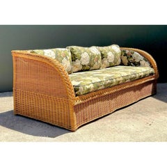 Vintage Braided Rattan Magnolia Print Sofa