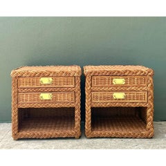 Vintage Braided Rattan Nightstands - A Pair