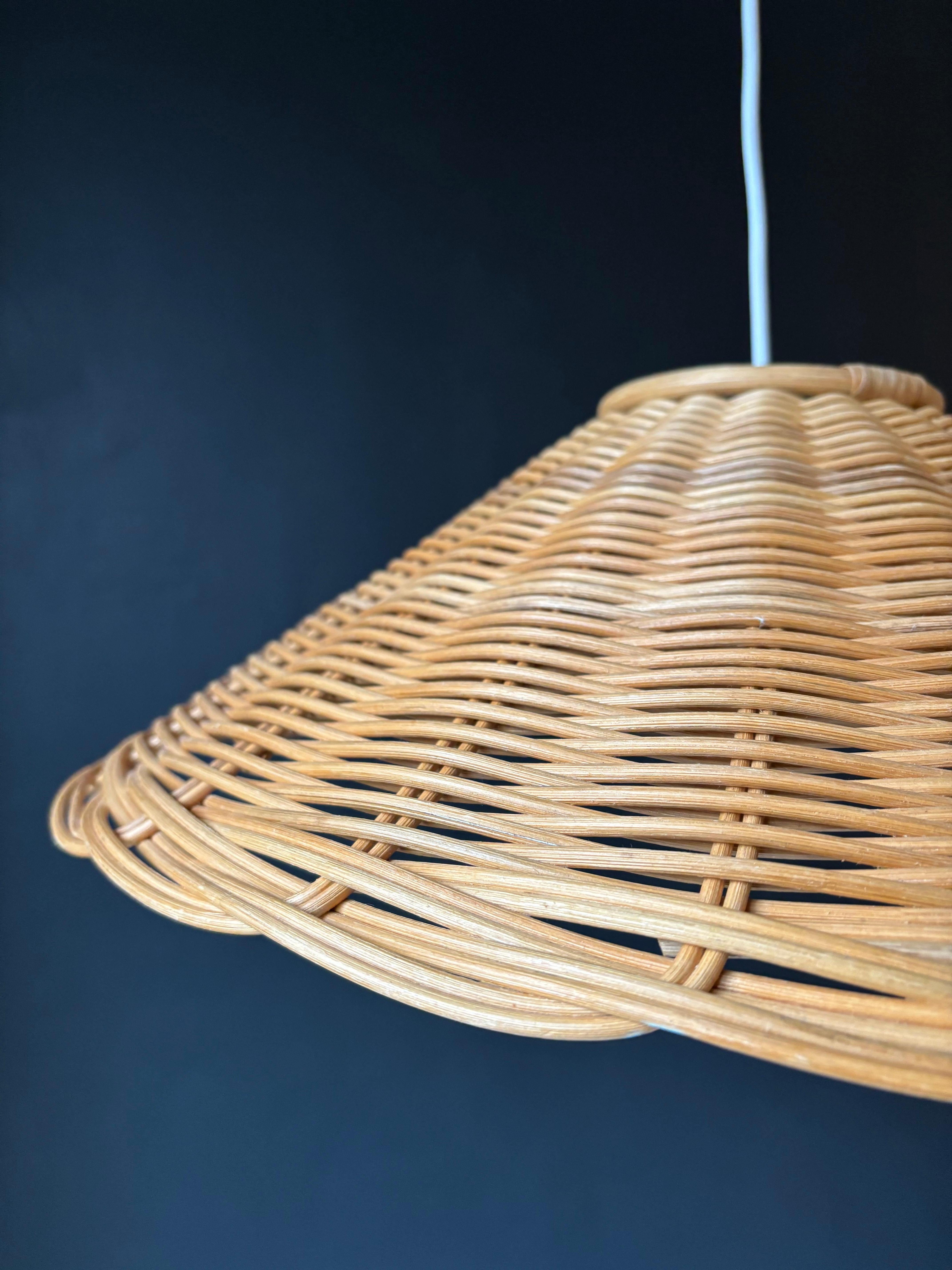 20th Century Vintage Braided Rattan Pendant Light, Sweden, 1970s For Sale