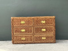 Vintage Braided Rattan Six Drawer Campaign Dresser