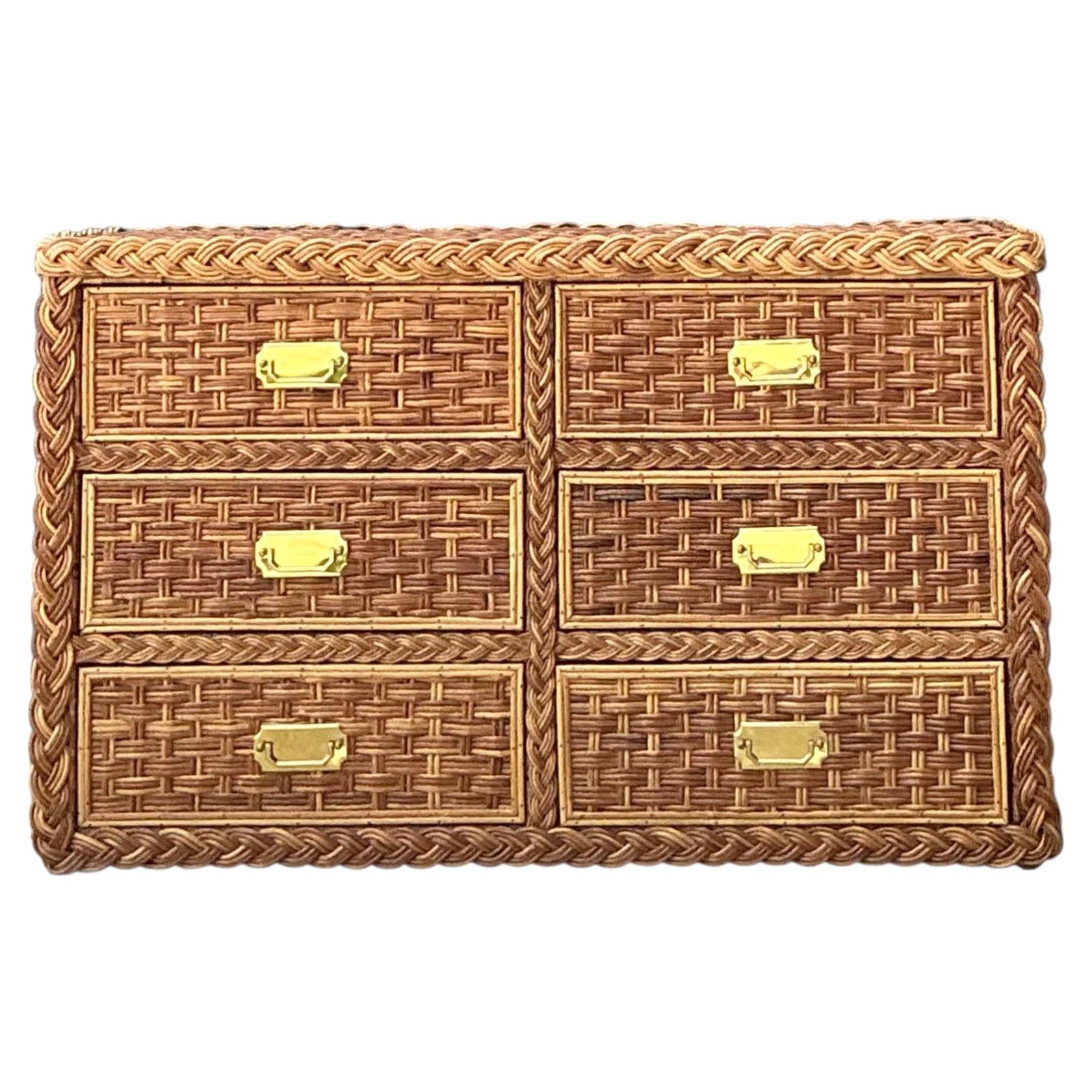 Vintage Braided Rattan Six Drawer Campaign Dresser