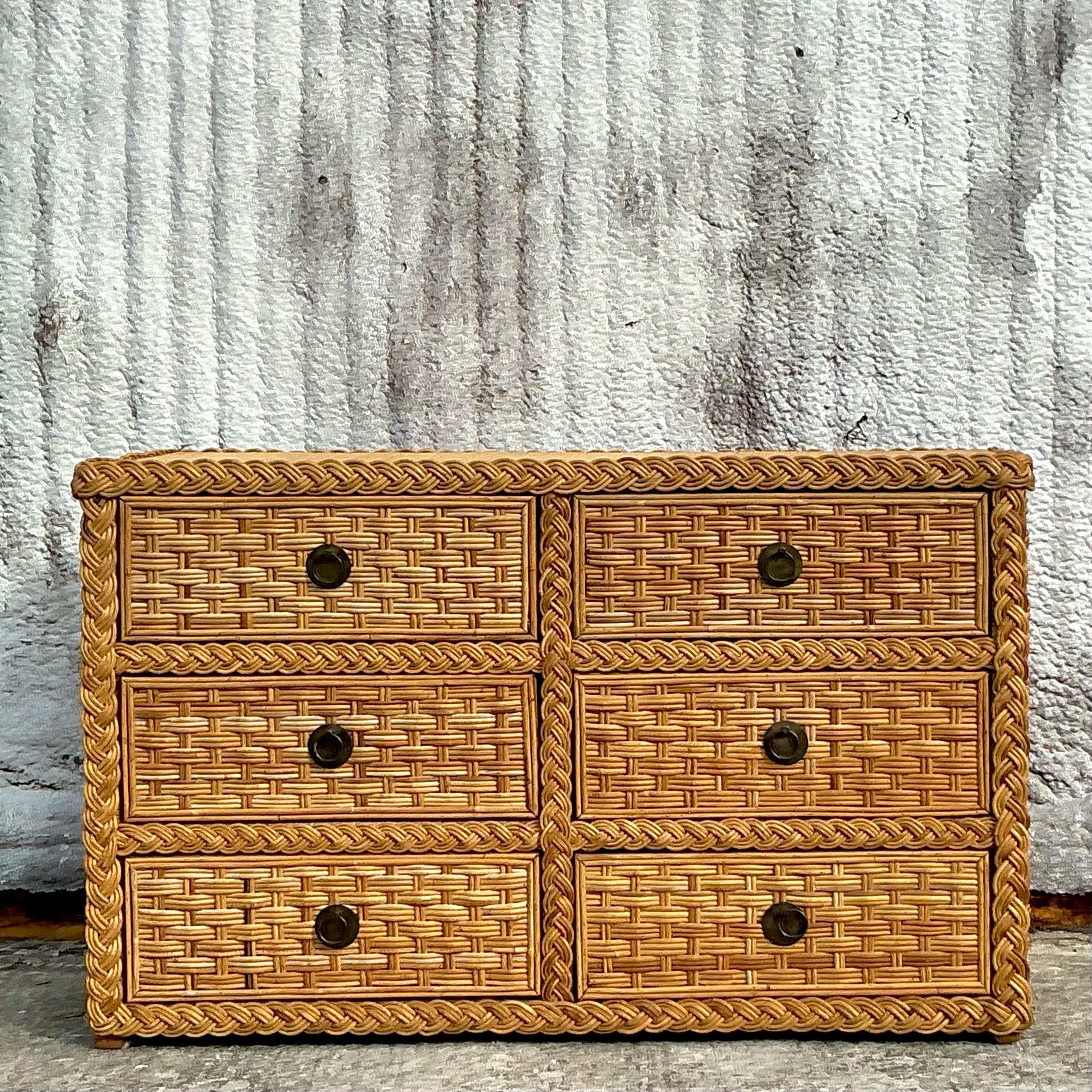 Philippine Vintage Braided Rattan Six Drawer Dresser For Sale