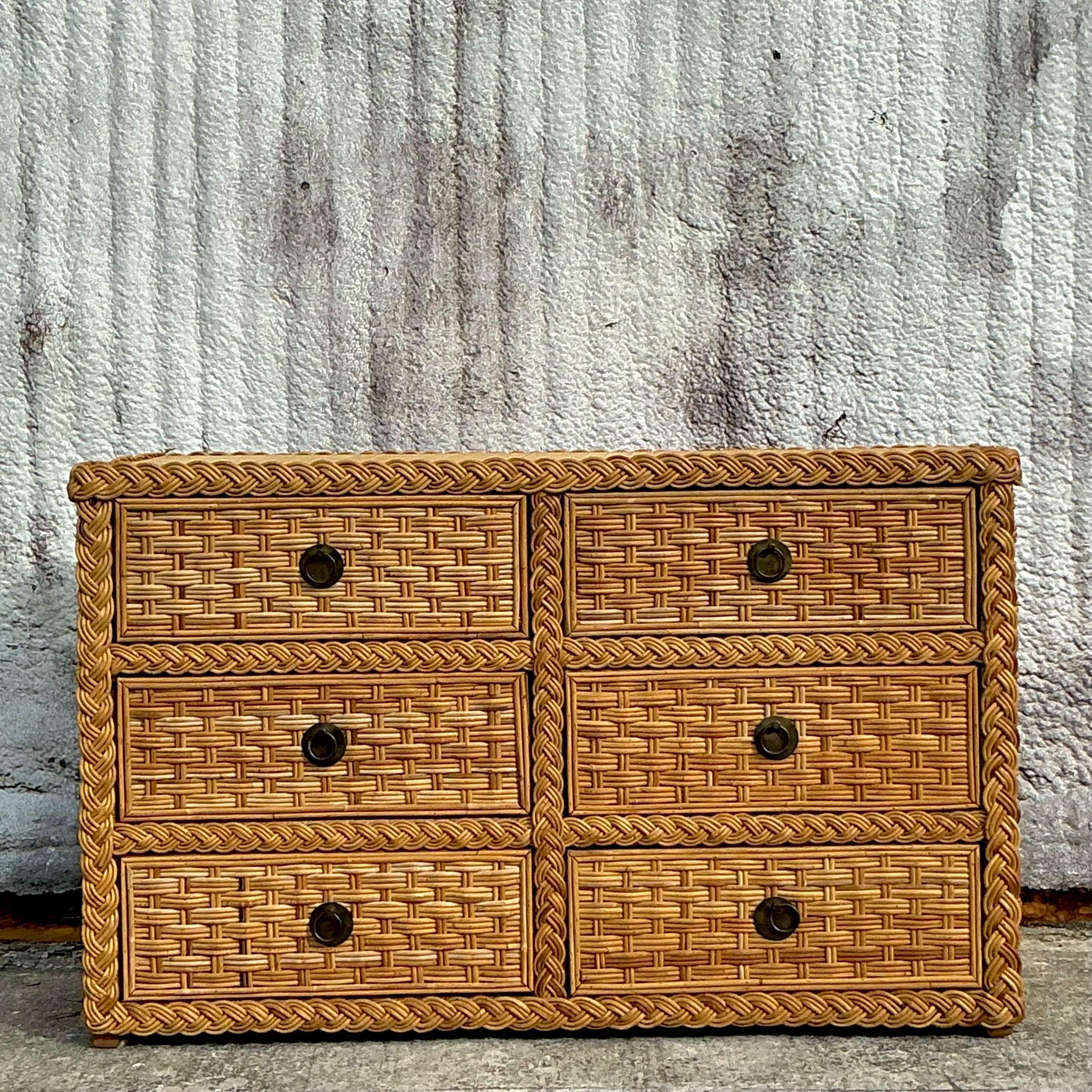 Vintage Braided Rattan Six Drawer Dresser In Good Condition For Sale In west palm beach, FL