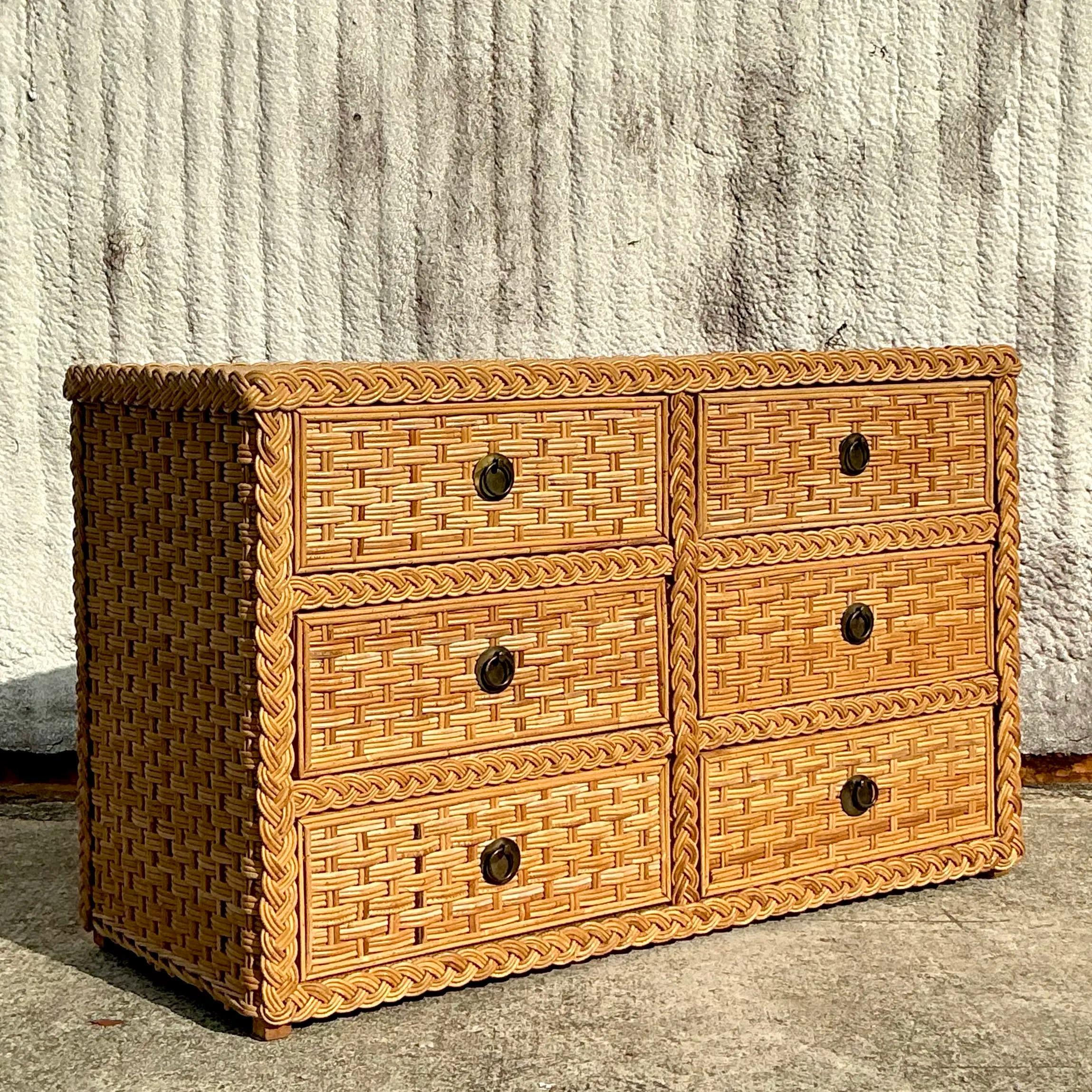20th Century Vintage Braided Rattan Six Drawer Dresser For Sale