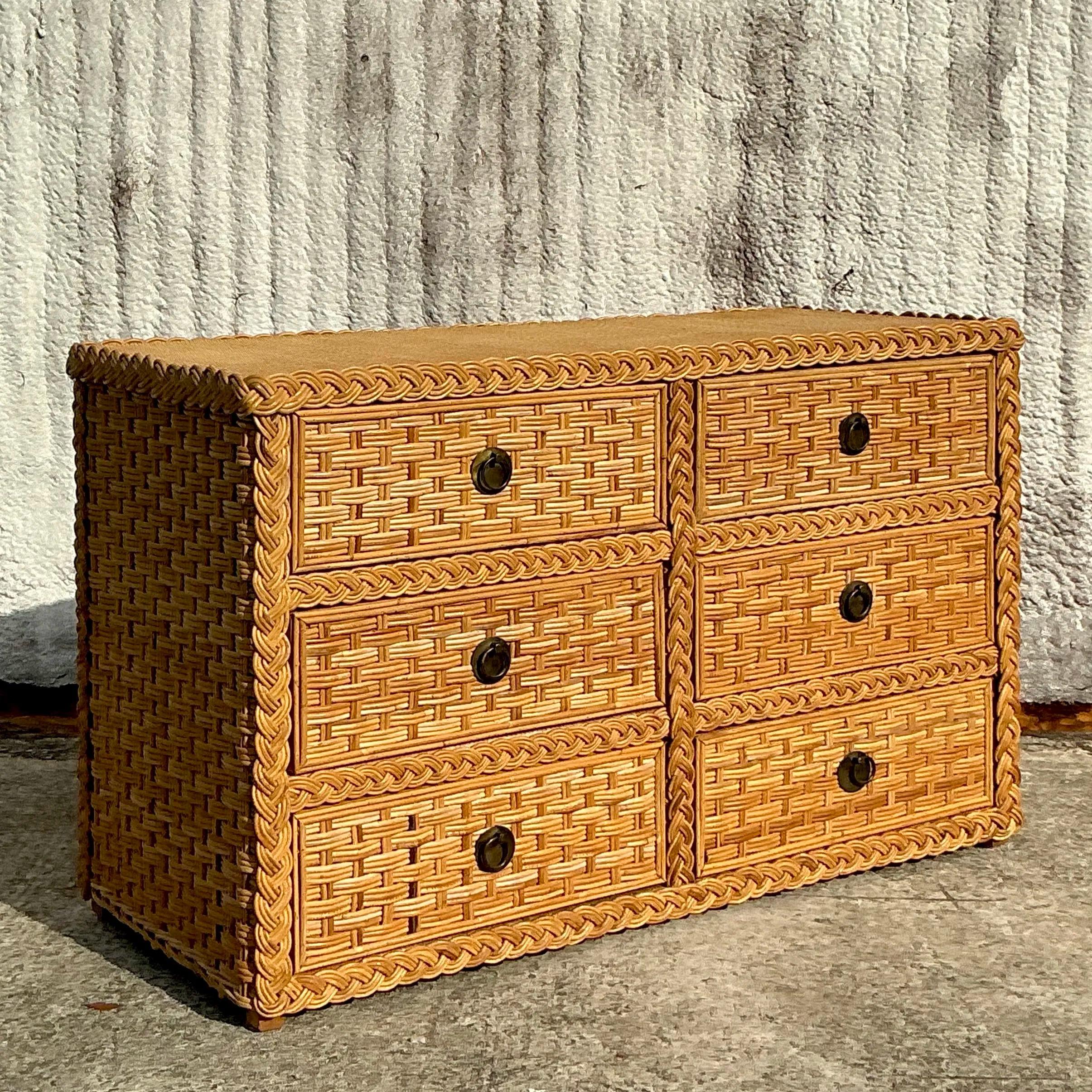 Vintage Braided Rattan Six Drawer Dresser For Sale 1