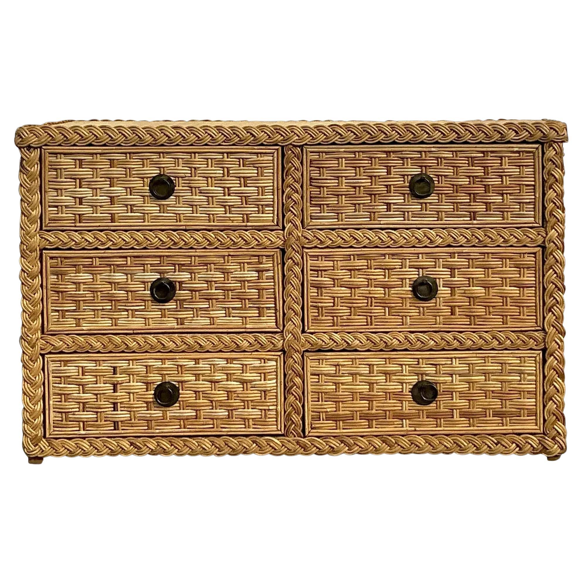 Vintage Braided Rattan Six Drawer Dresser