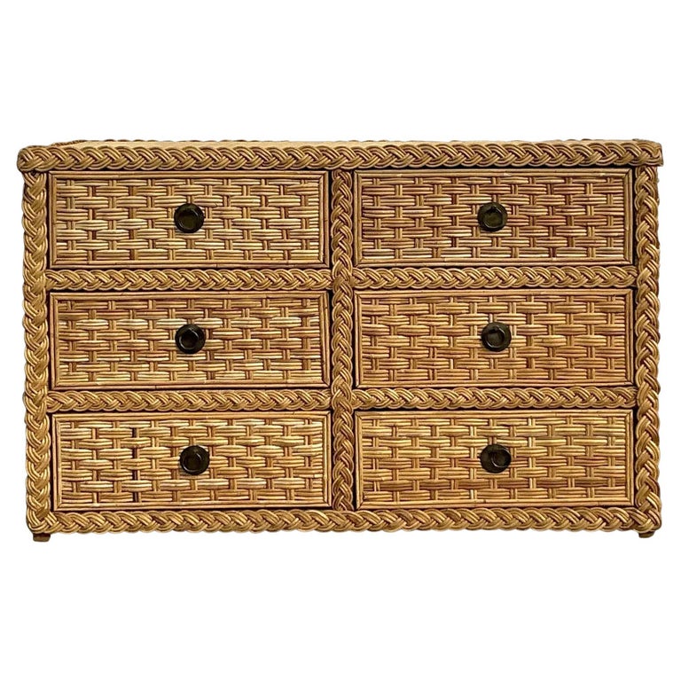 Vintage Braided Rattan Six Drawer Dresser at 1stDibs
