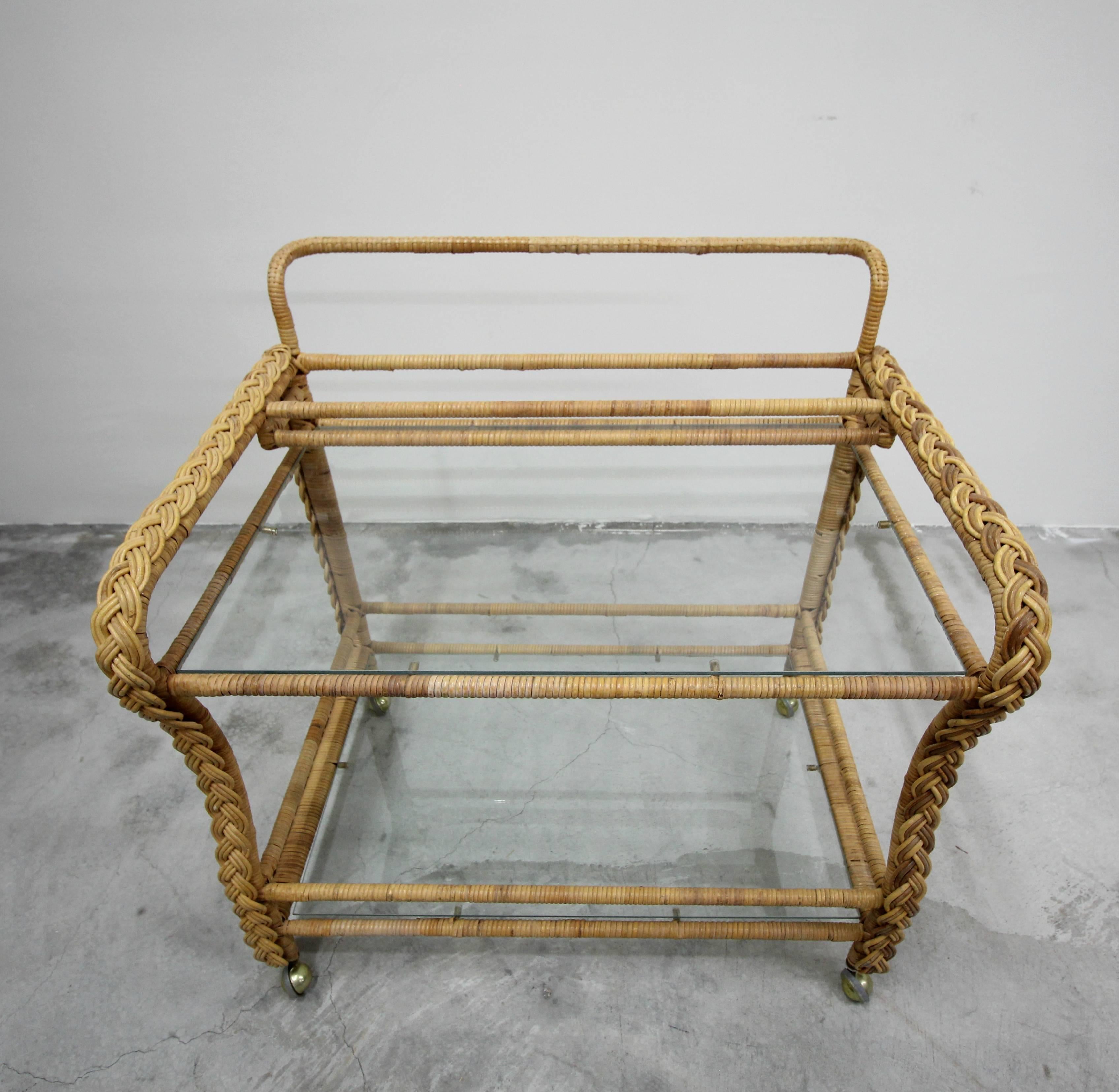 Mid-Century Modern Vintage Braided Wicker and Glass Two-Tier Rolling Bar Cart