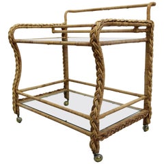 Vintage Braided Wicker and Glass Two-Tier Rolling Bar Cart
