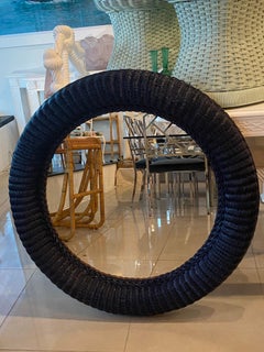 Vintage Braided Wicker Navy Blue Lacquered Round Wall Mirror