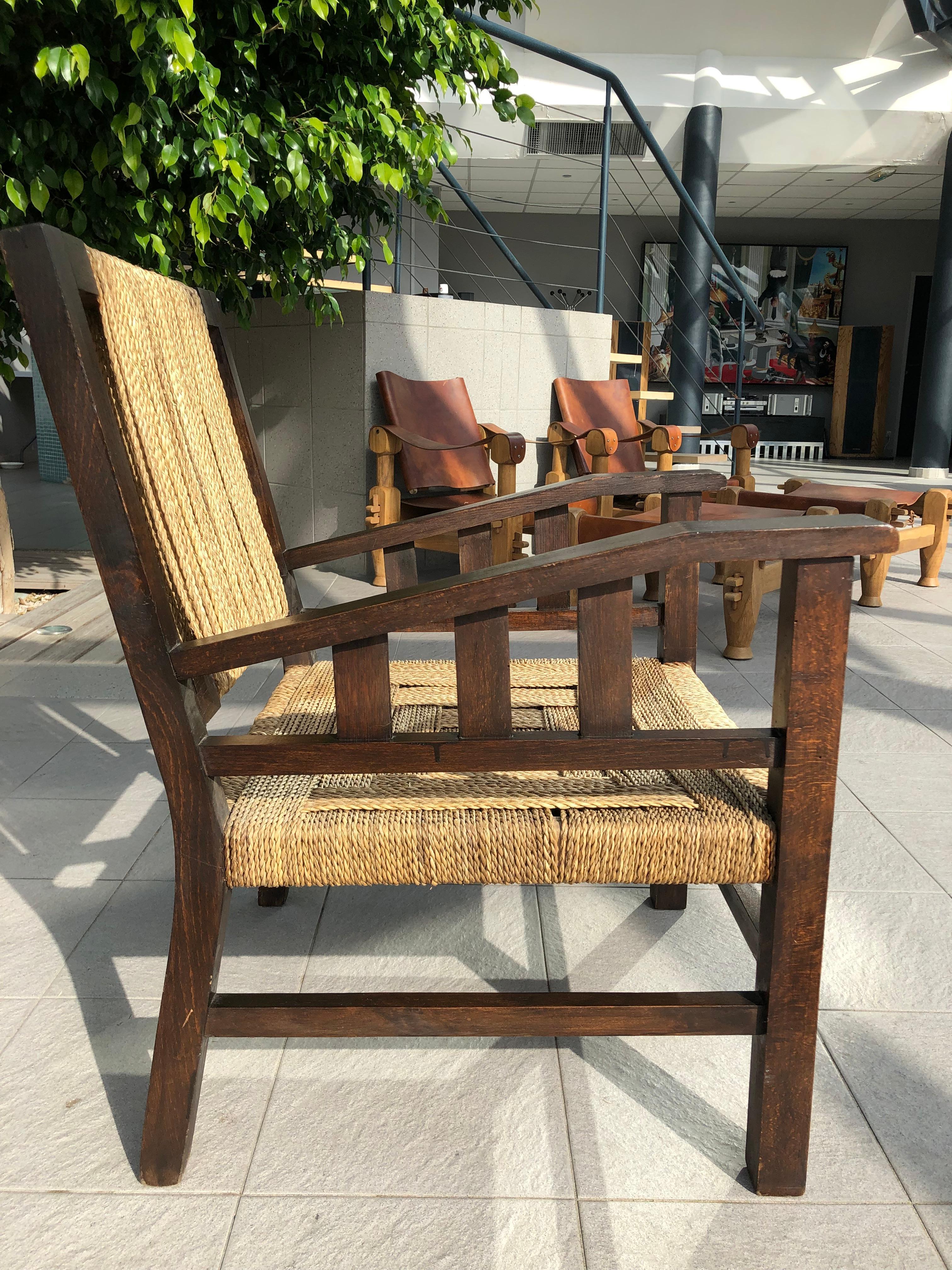 Vintage Braided Wicker and Wood Armchair by Francis Jourdain In Good Condition In Avignon, Vaucluse