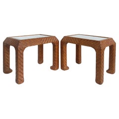 Vintage Braided Woven Leather Side Tables, Inset Glass Tops