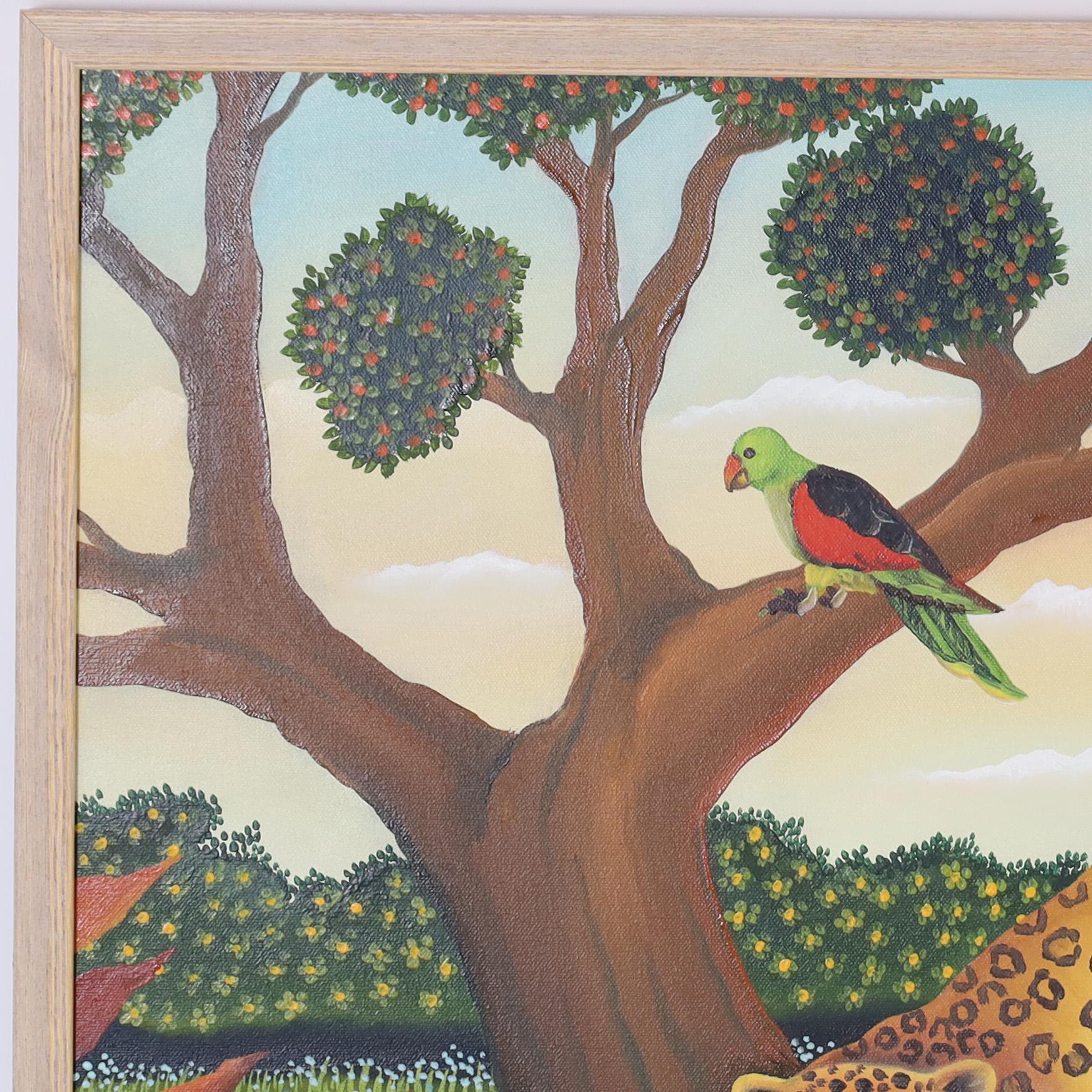 Charmante peinture acrylique sur toile du milieu du siècle représentant un léopard avec faune et flore, exécutée dans un style naïf enchanteur. Signé Paradis 82 et présenté dans un cadre en bois. 