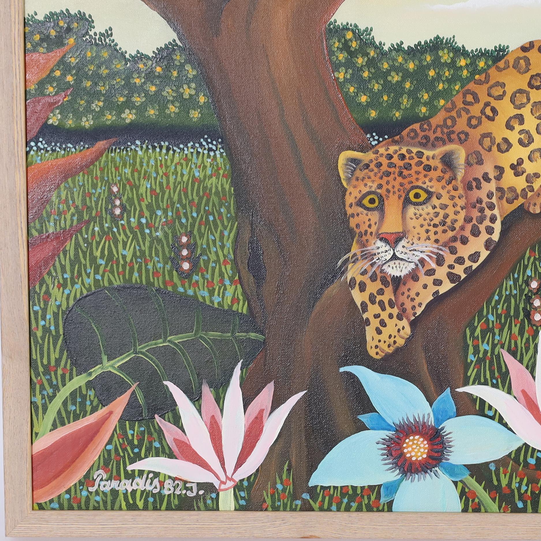 Peint à la main Peinture sur toile vintage du Paradis d'un léopard dans un arbre de Branko en vente