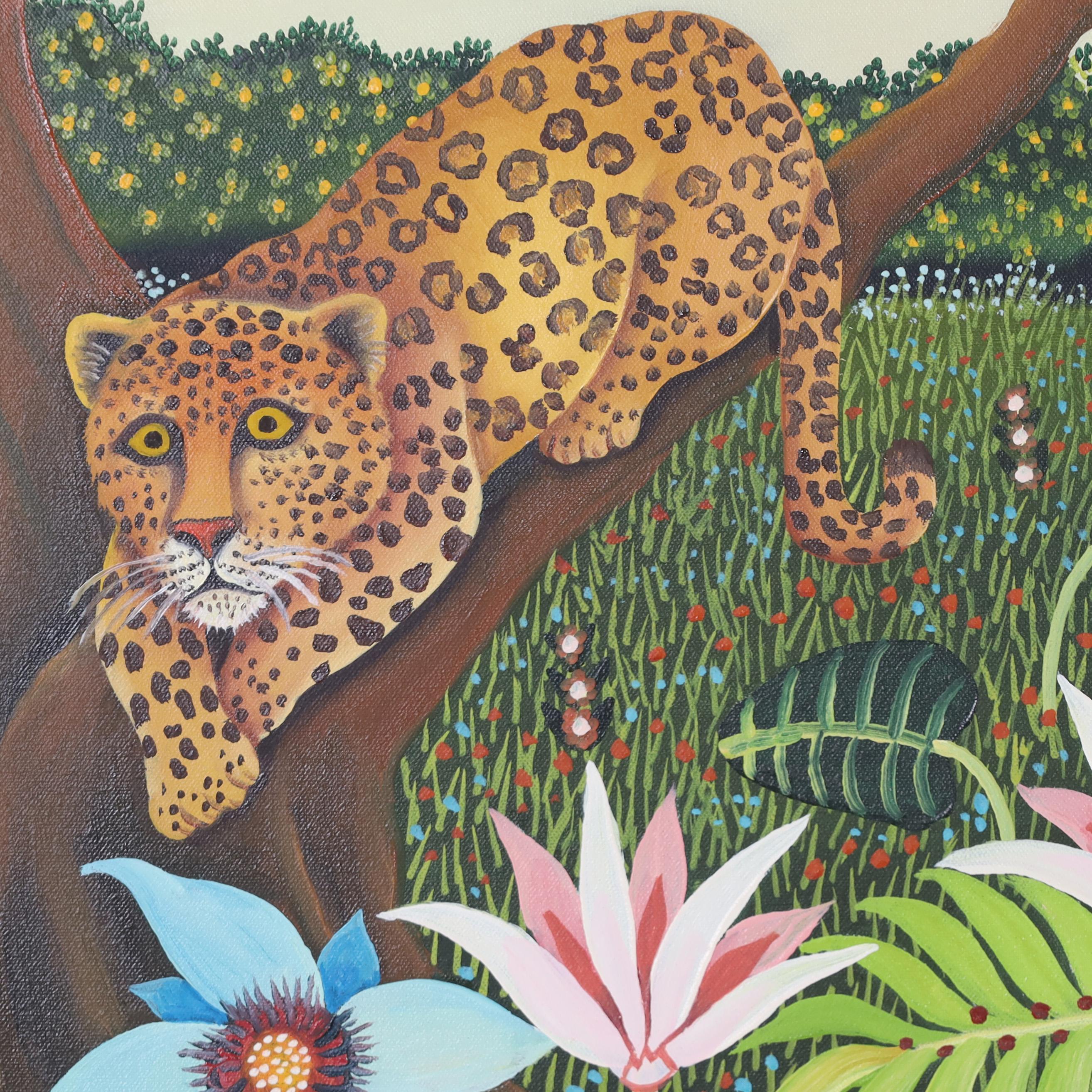 20ième siècle Peinture sur toile vintage du Paradis d'un léopard dans un arbre de Branko en vente