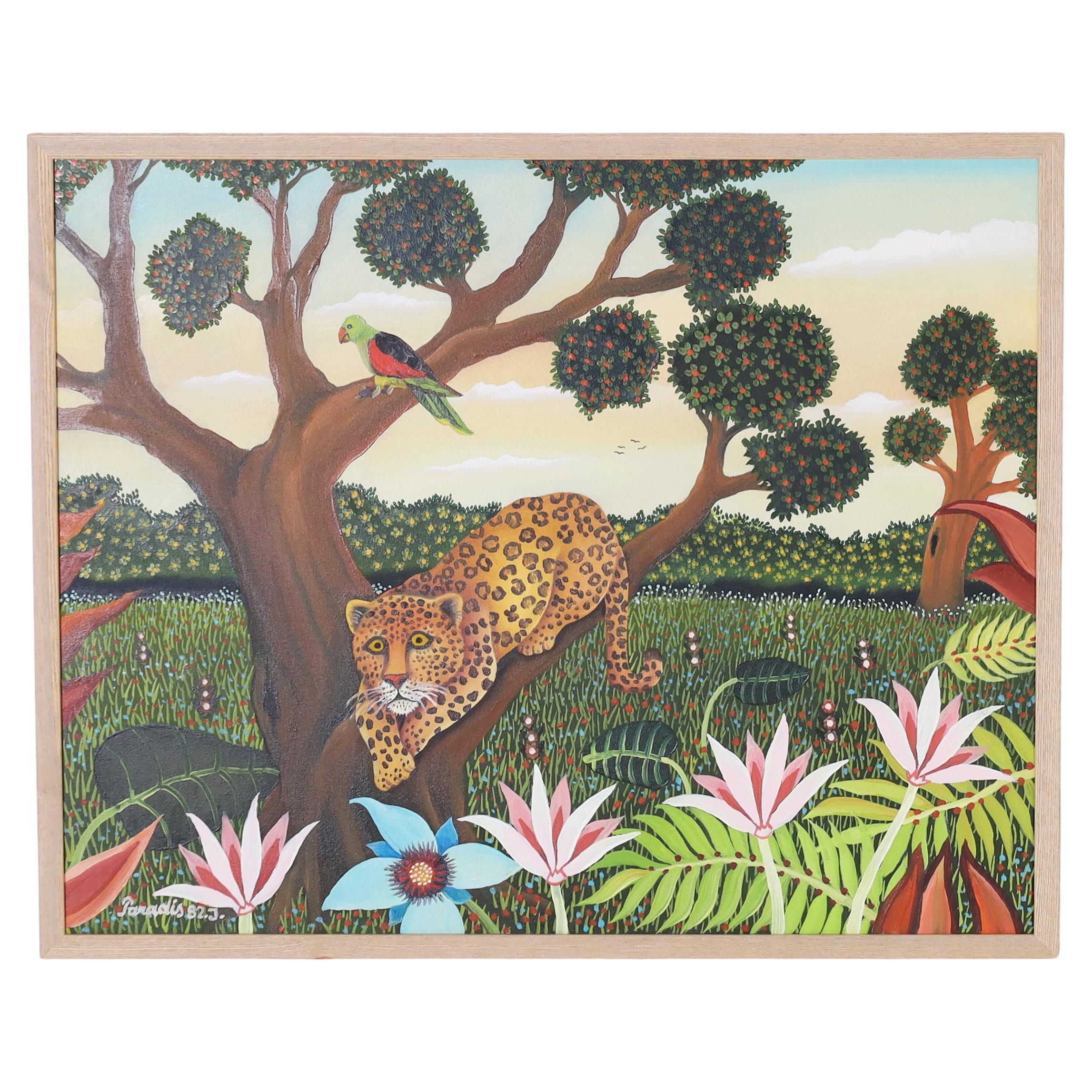Peinture sur toile vintage du Paradis d'un léopard dans un arbre de Branko en vente