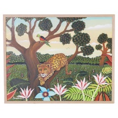 Quadro d'epoca su tela di Branko Paradis raffigurante un leopardo su un albero