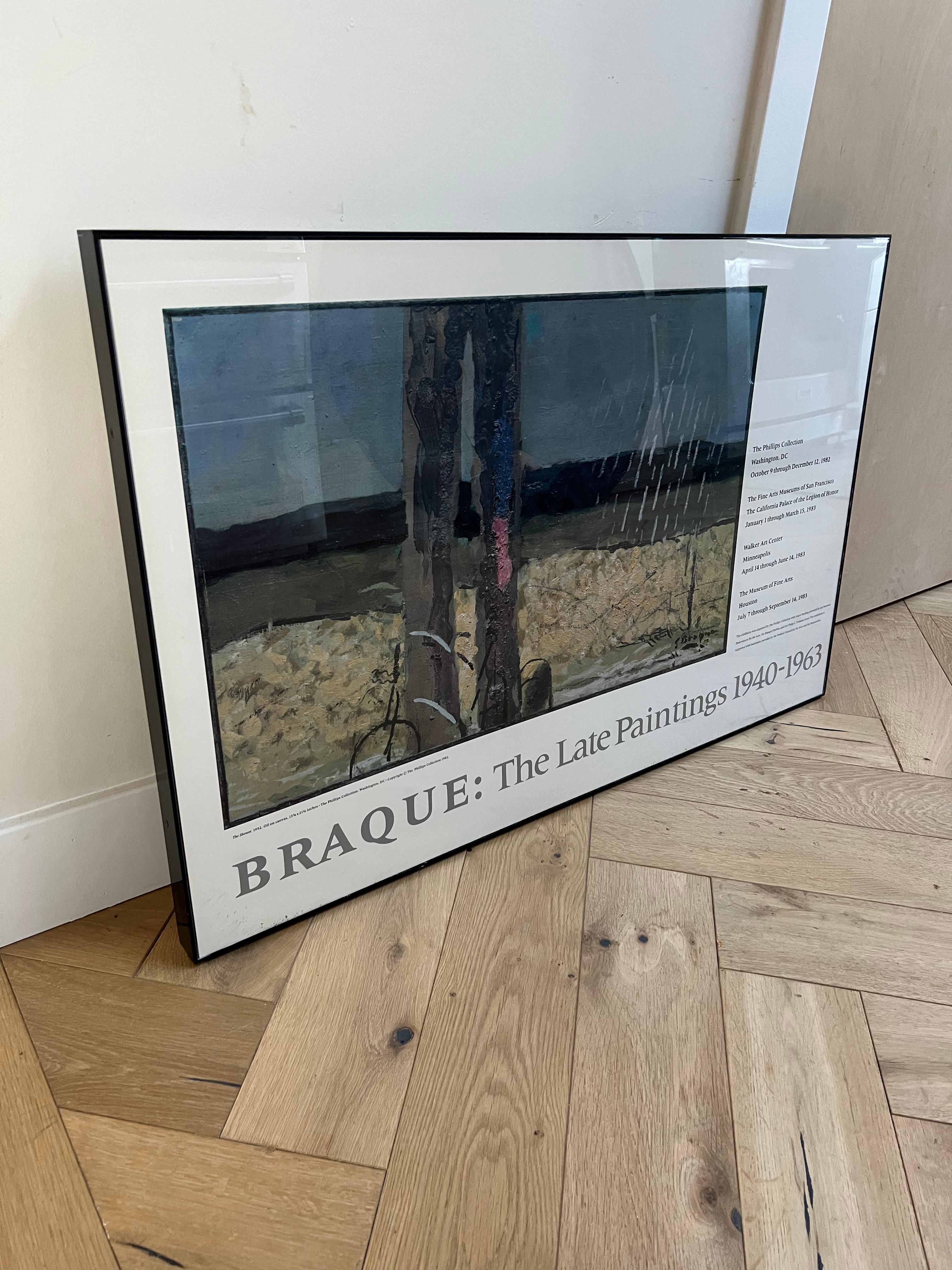 A vintage exhibition poster for a Braque show which toured through several museums: “Braque: the late paintings 1940-1963”. Framed in an ebonized titanium frame and behind glass. Featuring his work “The Shower”, oil on canvas, 1952.