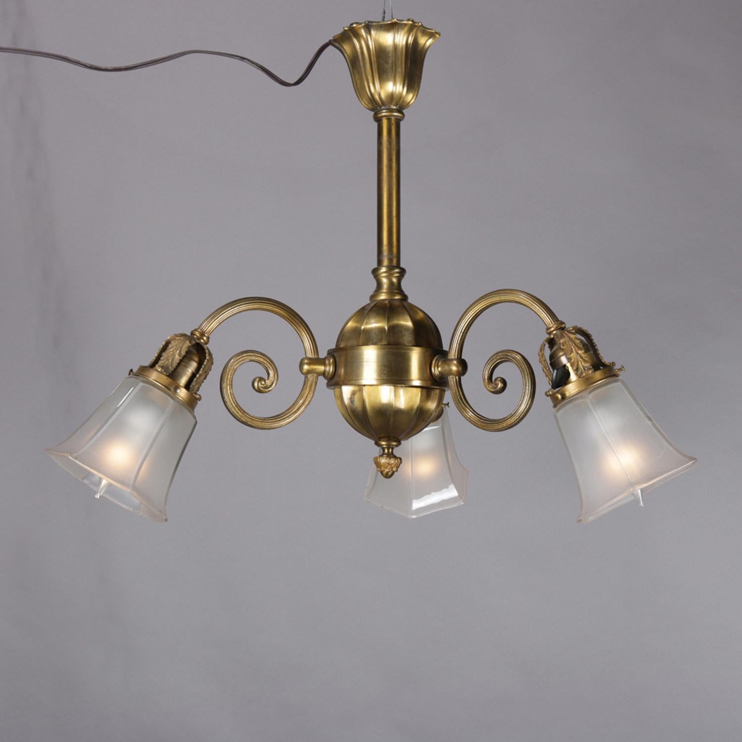 American Vintage Brass 3-Light Scroll Arm Branch Chandelier, 20th Century