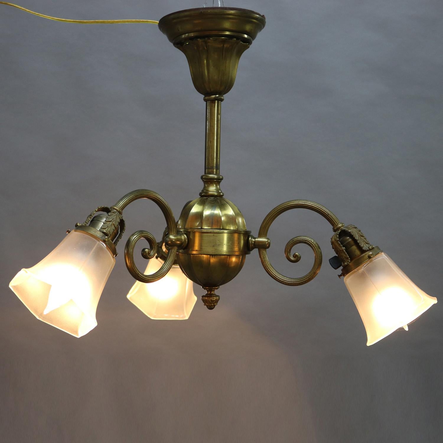 American Vintage Brass 3-Light Scroll Arm Branch Chandelier, 20th Century