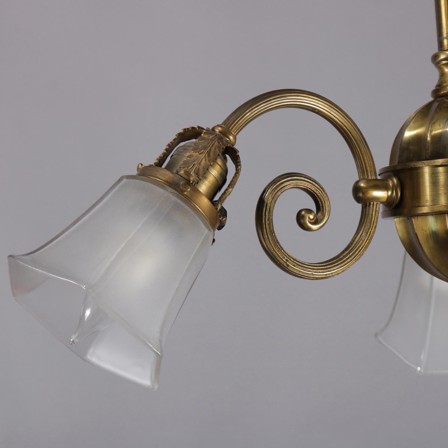 Frosted Vintage Brass 3-Light Scroll Arm Branch Chandelier, 20th Century