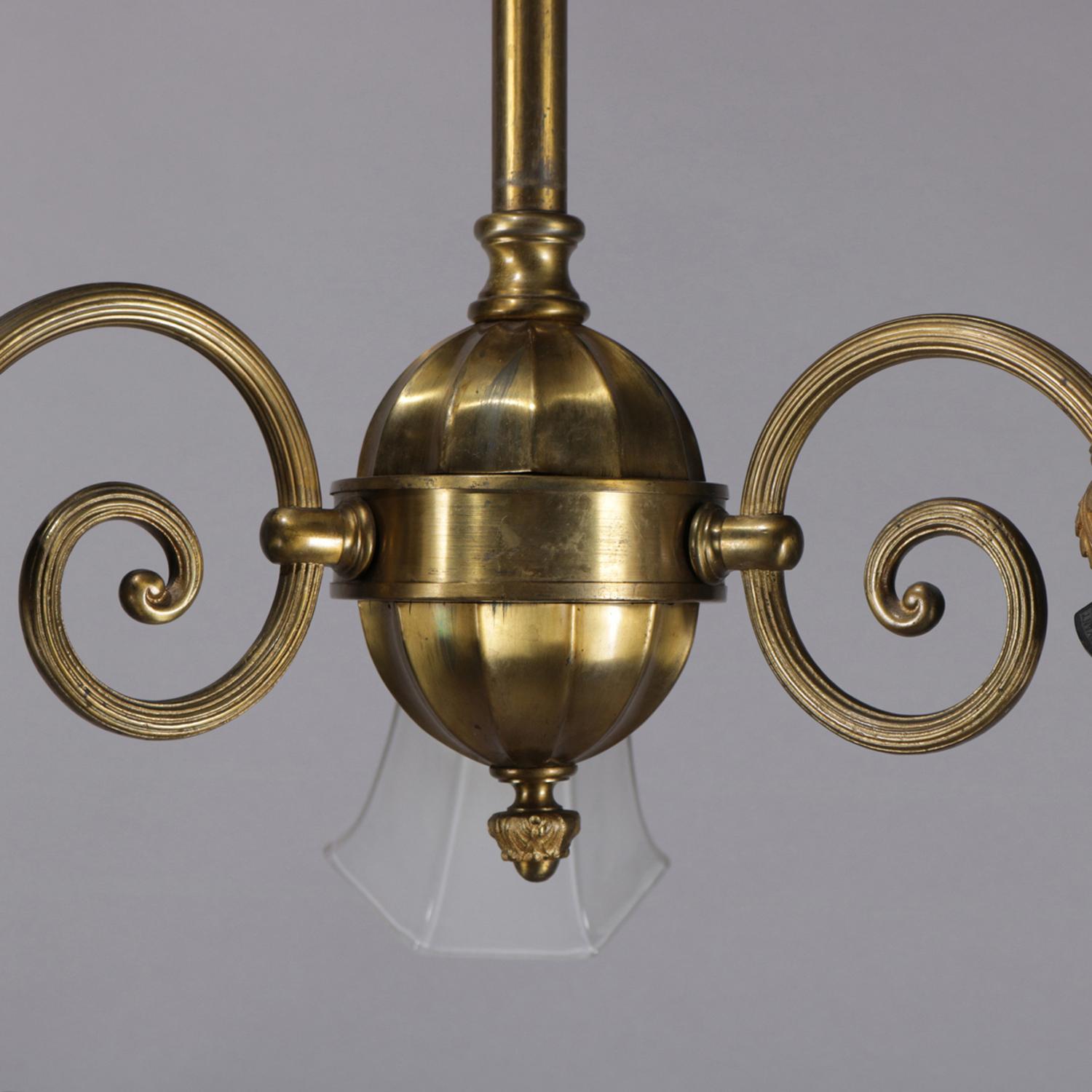 Vintage Brass 3-Light Scroll Arm Branch Chandelier, 20th Century In Good Condition In Big Flats, NY