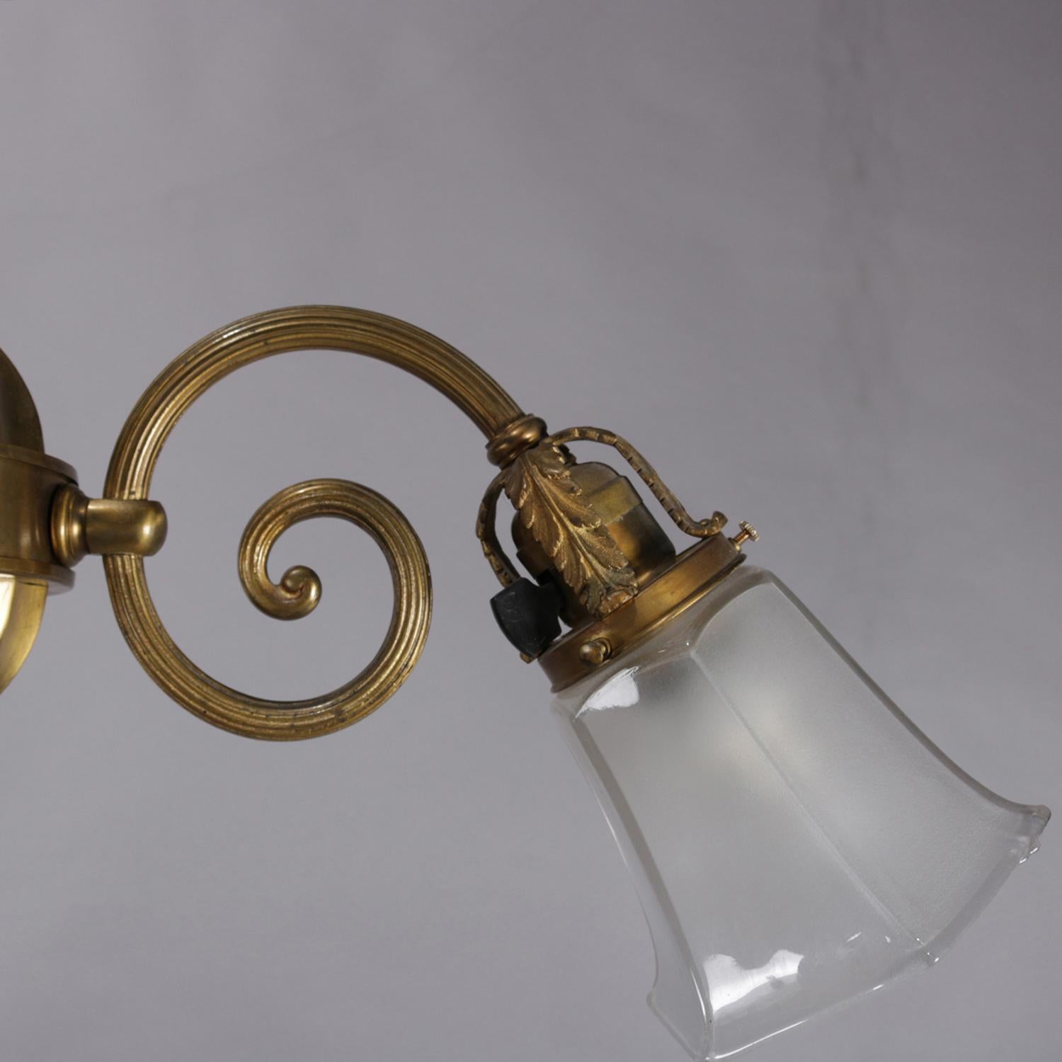Glass Vintage Brass 3-Light Scroll Arm Branch Chandelier, 20th Century
