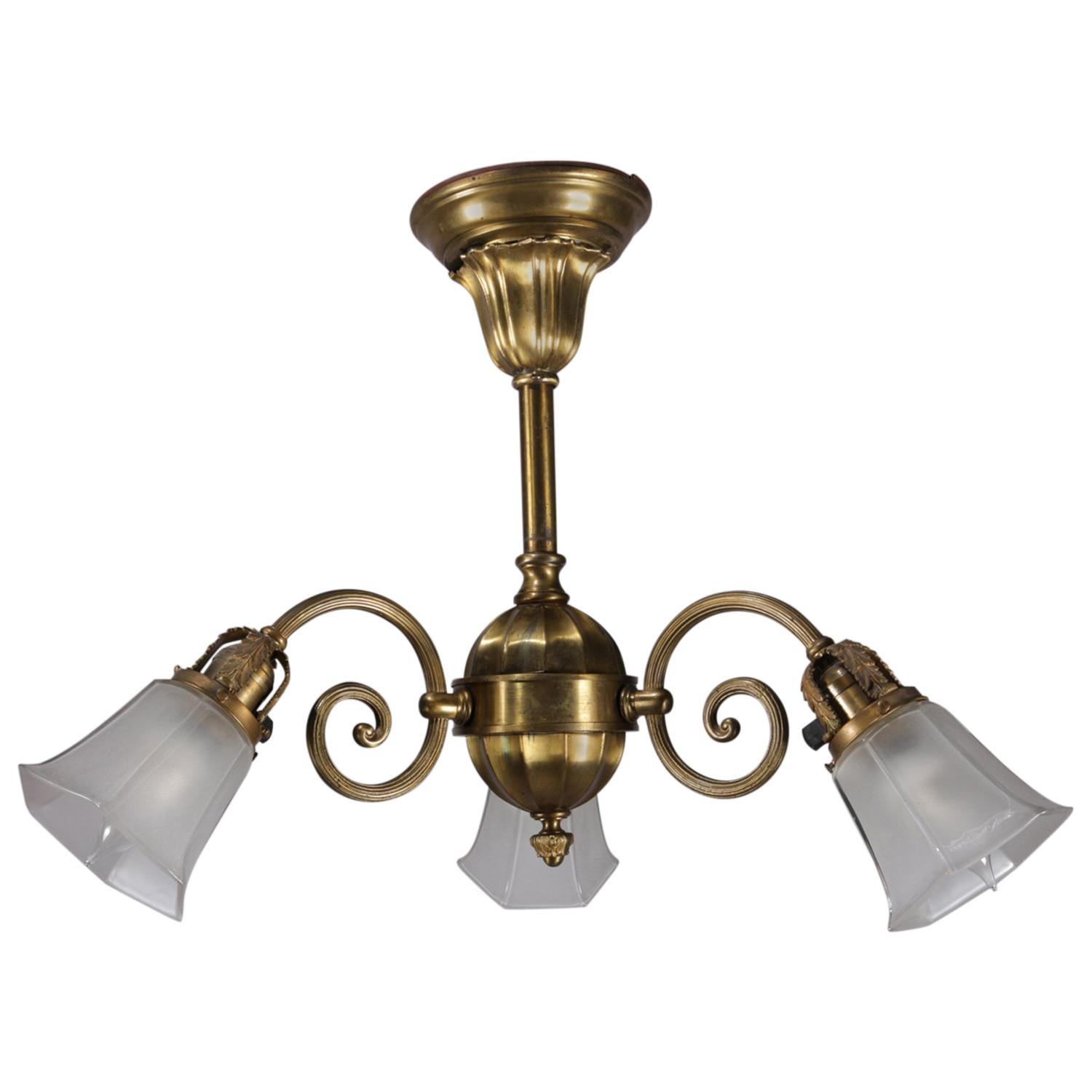 Vintage Brass 3-Light Scroll Arm Branch Chandelier, 20th Century