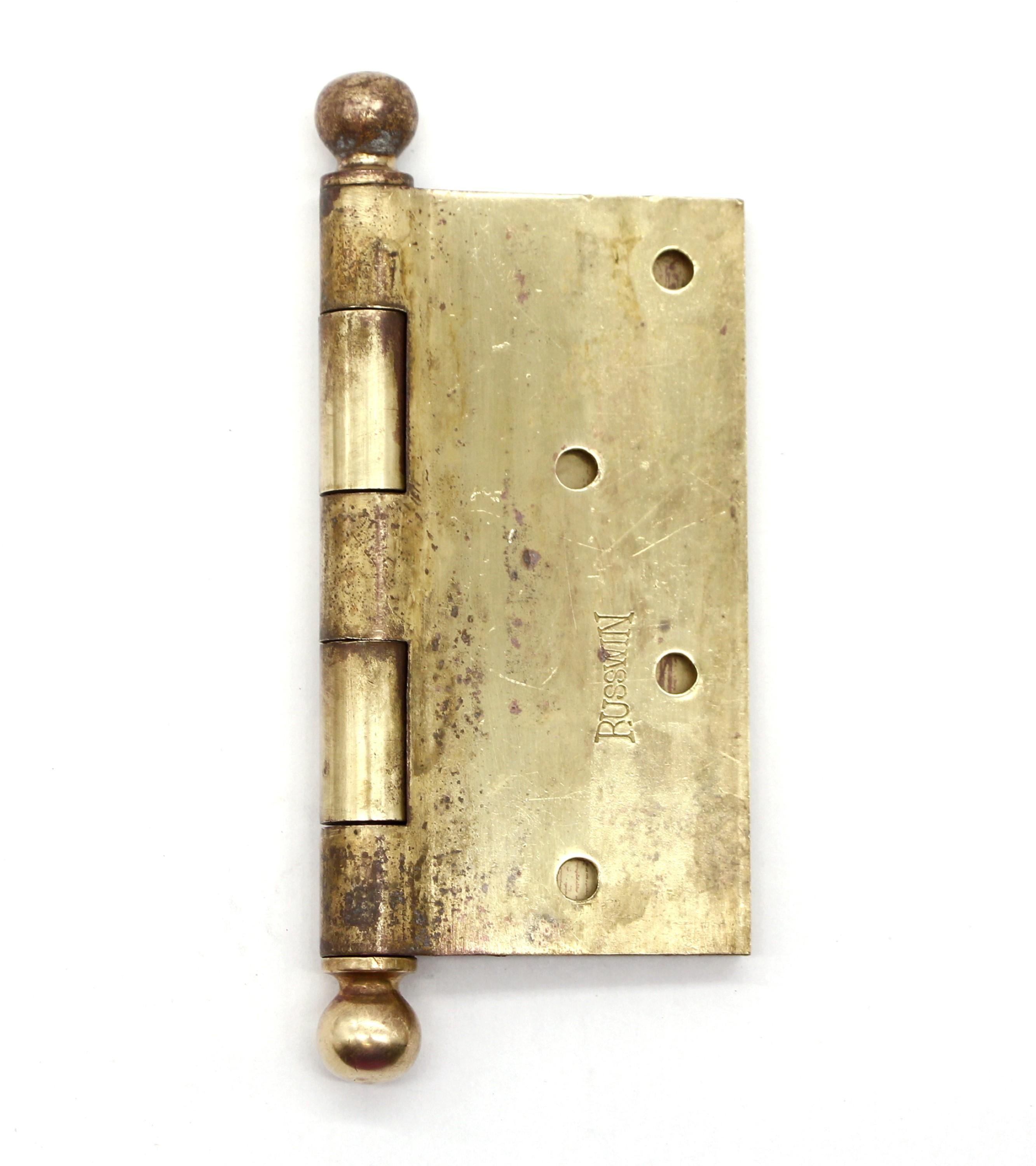 The vintage Russwin brass ball tip butt door hinge is commonly used in residential and commercial doors, providing smooth operation and a classic touch of elegance to any space. This is made of brass with ball tips, five knuckles, and a template