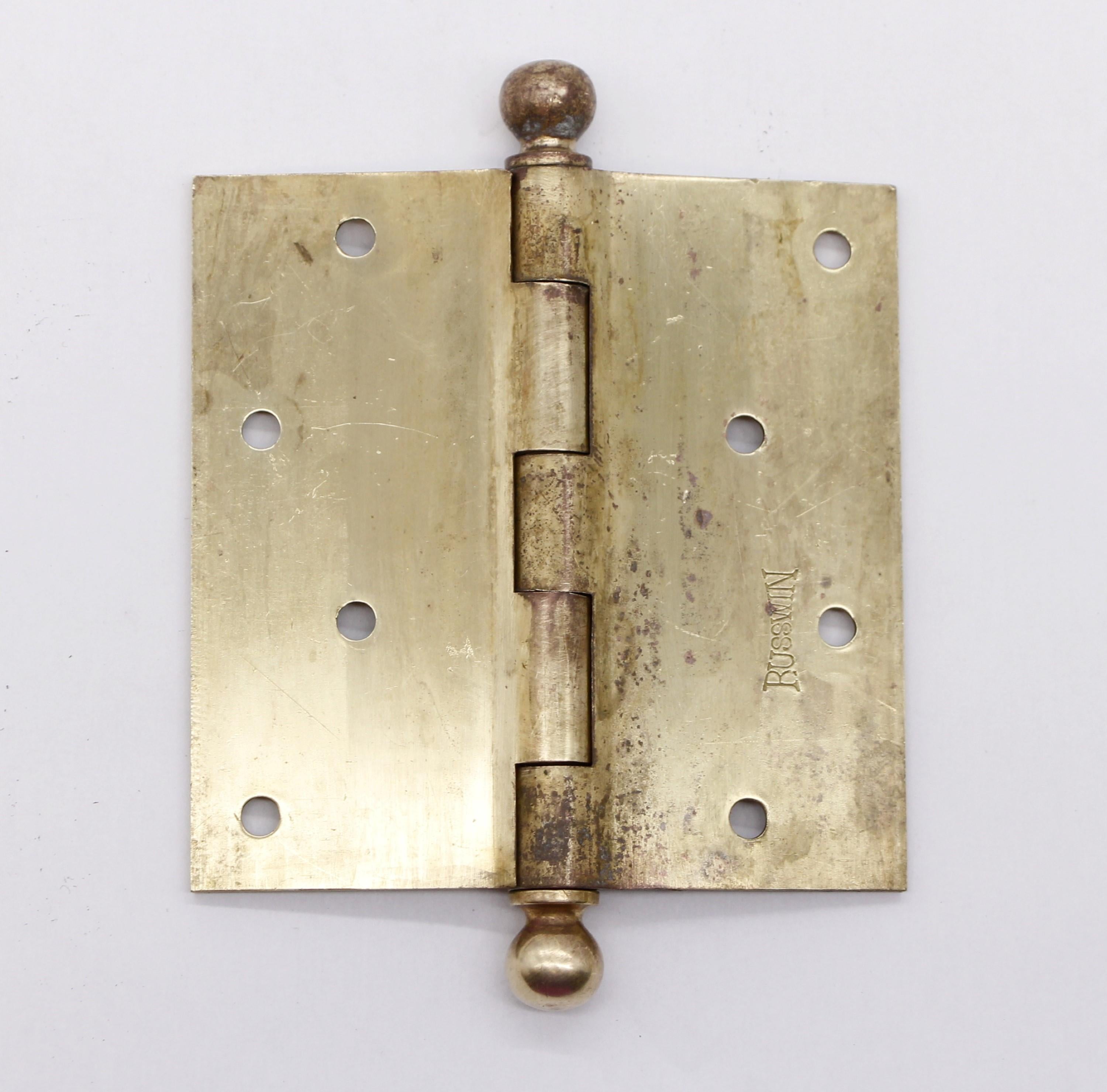 Vintage Brass 4.5 x 4.5 Russwin Ball Tip Butt Door Hinge In Good Condition For Sale In New York, NY