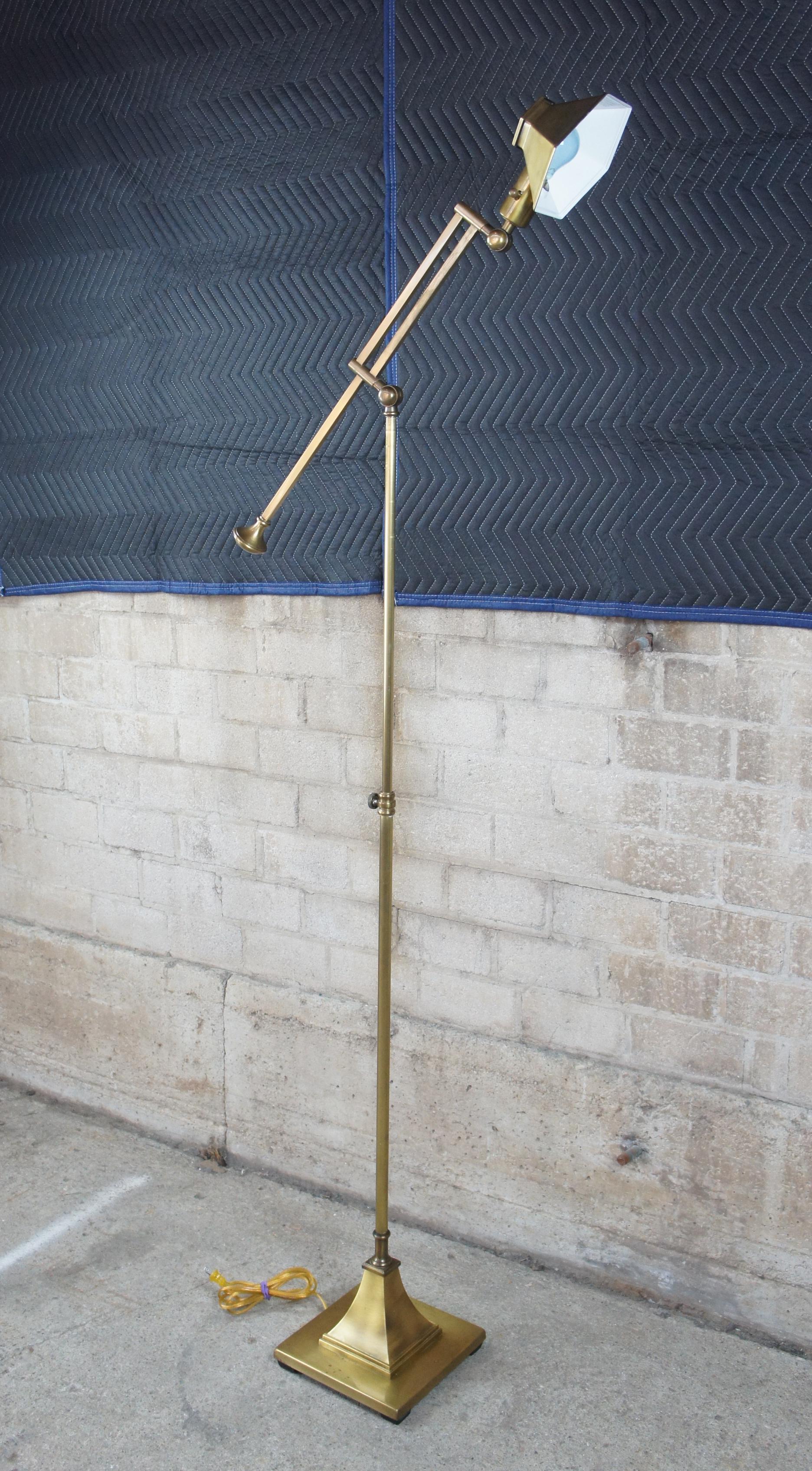 Vintage Brass Adjustable Swing Arm Pharmacy Floor Lamp Library Reading Light In Good Condition In Dayton, OH
