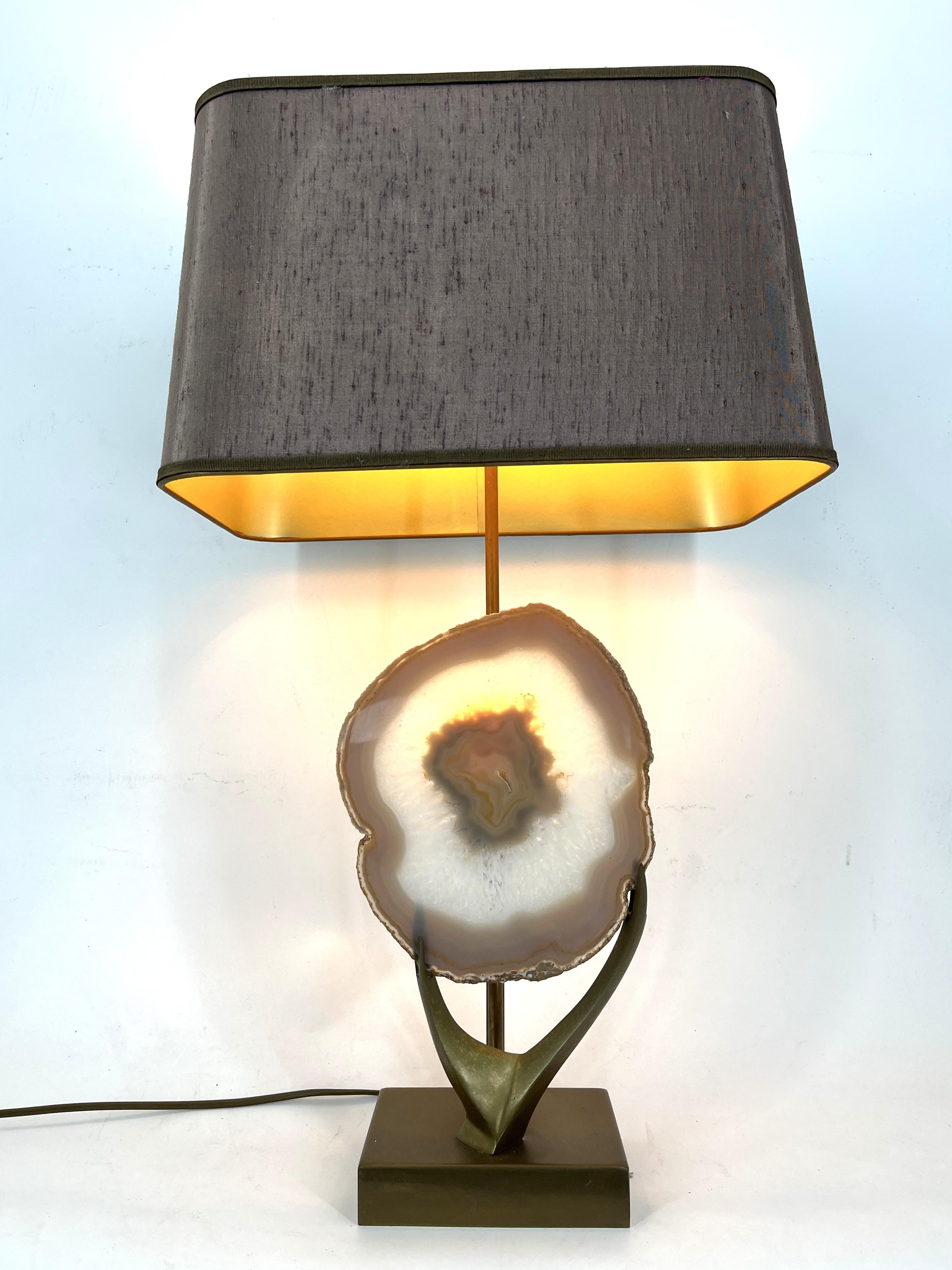 Hollywood Regency Vintage brass agate slice table lamp, 1970s For Sale
