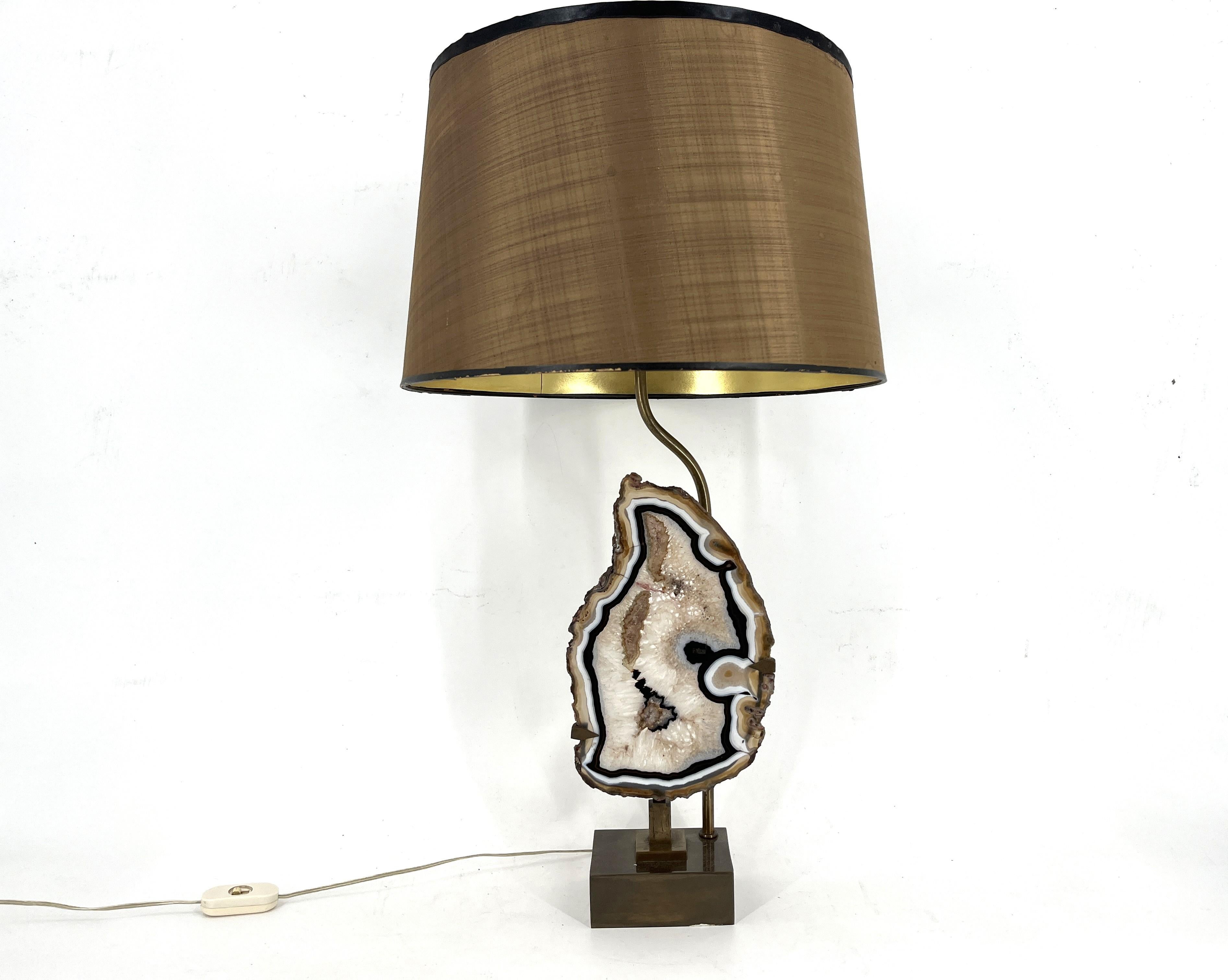 Belgian Vintage brass agate slice table lamp, 1970s For Sale