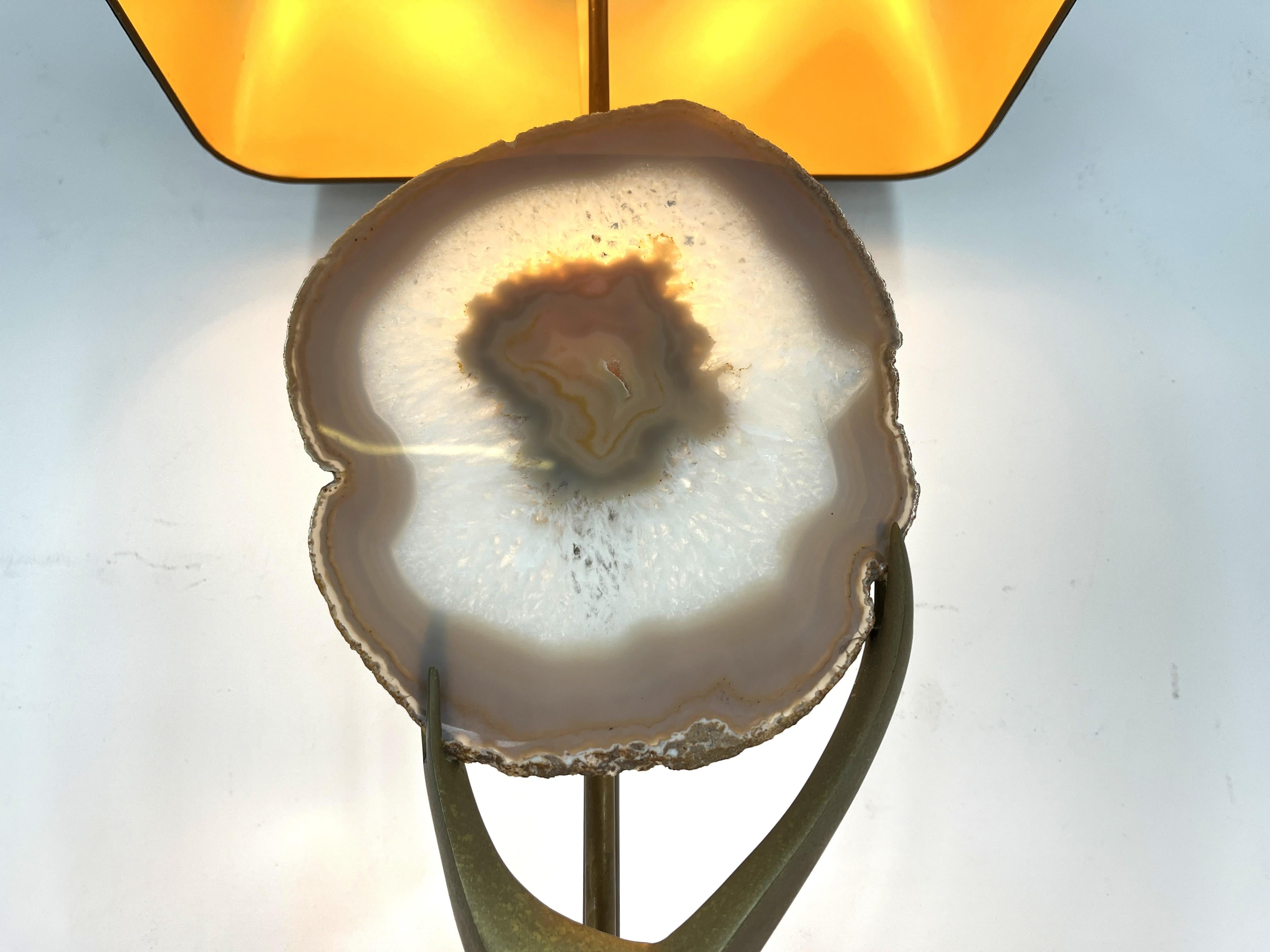 Belgian Vintage brass agate slice table lamp, 1970s For Sale