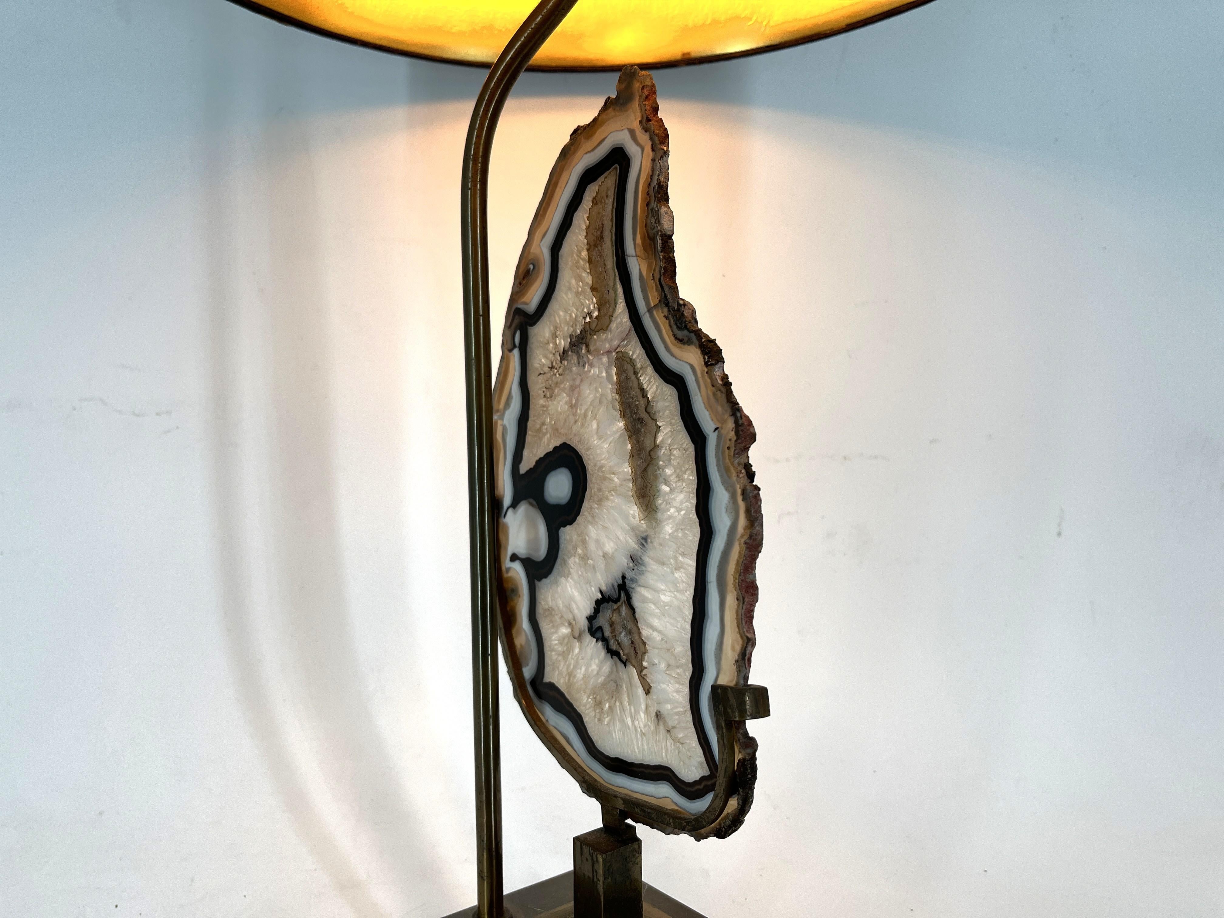 Late 20th Century Vintage brass agate slice table lamp, 1970s For Sale