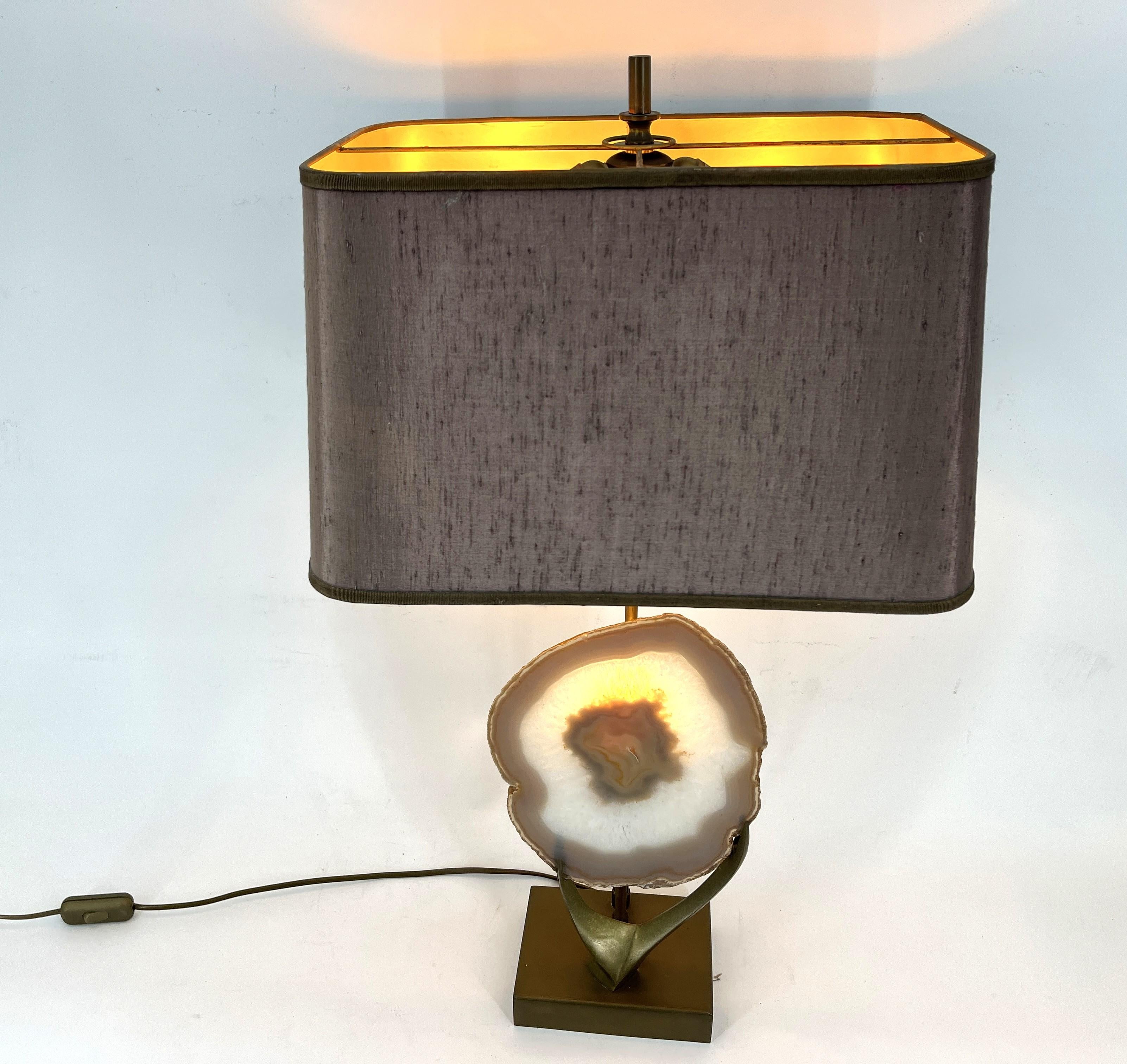 Late 20th Century Vintage brass agate slice table lamp, 1970s For Sale