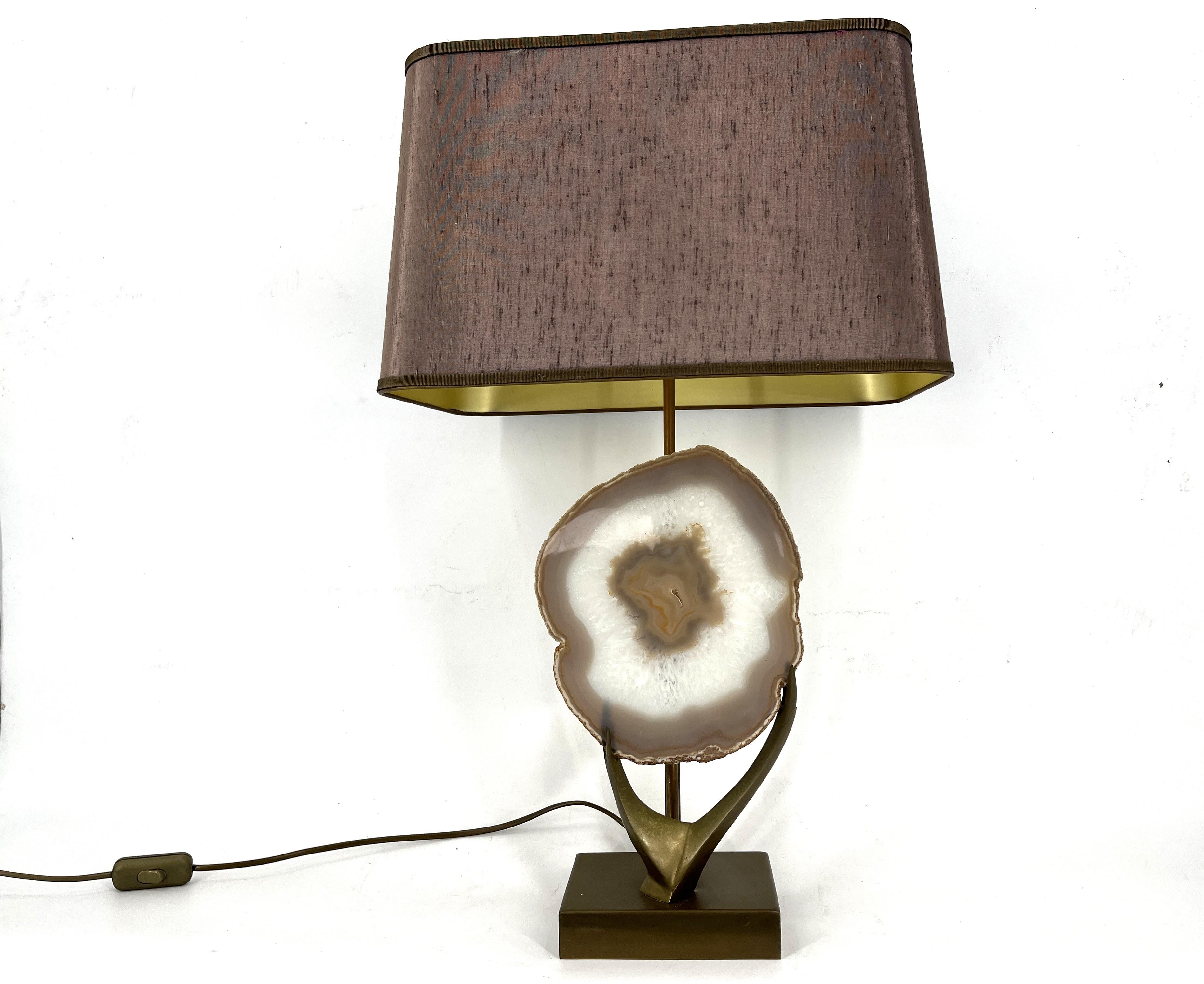 Vintage brass agate slice table lamp, 1970s For Sale 1