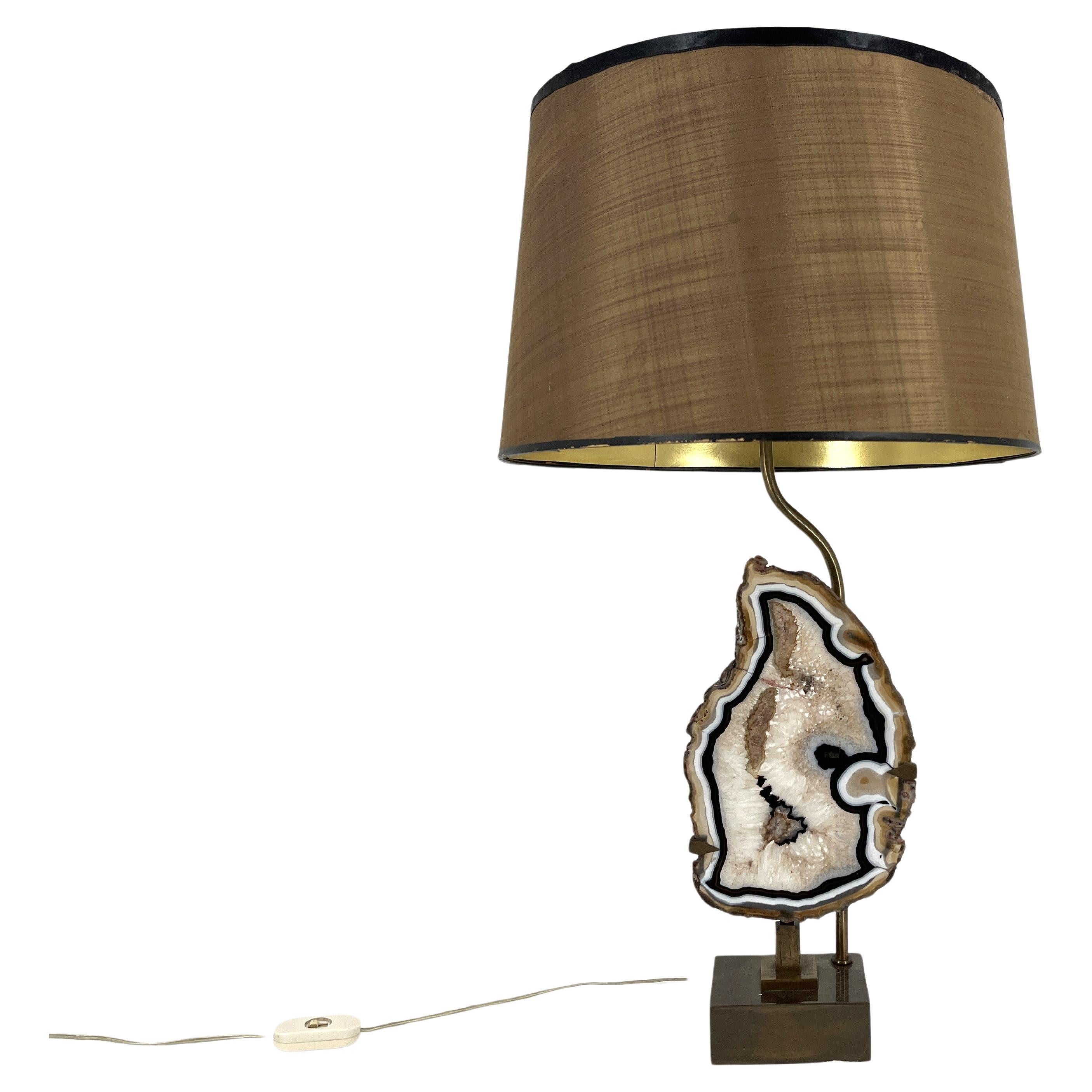 Vintage brass agate slice table lamp, 1970s