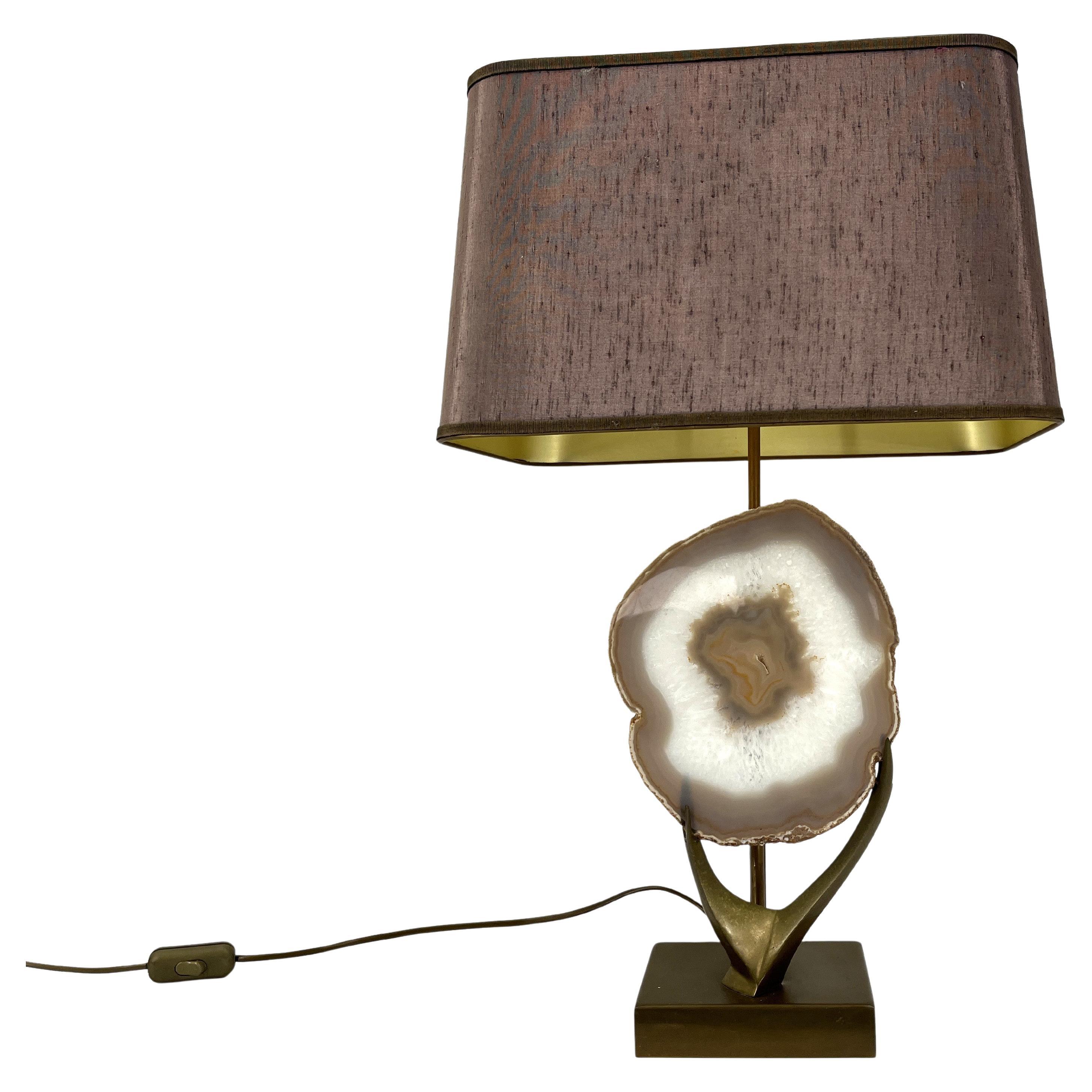 Vintage brass agate slice table lamp, 1970s