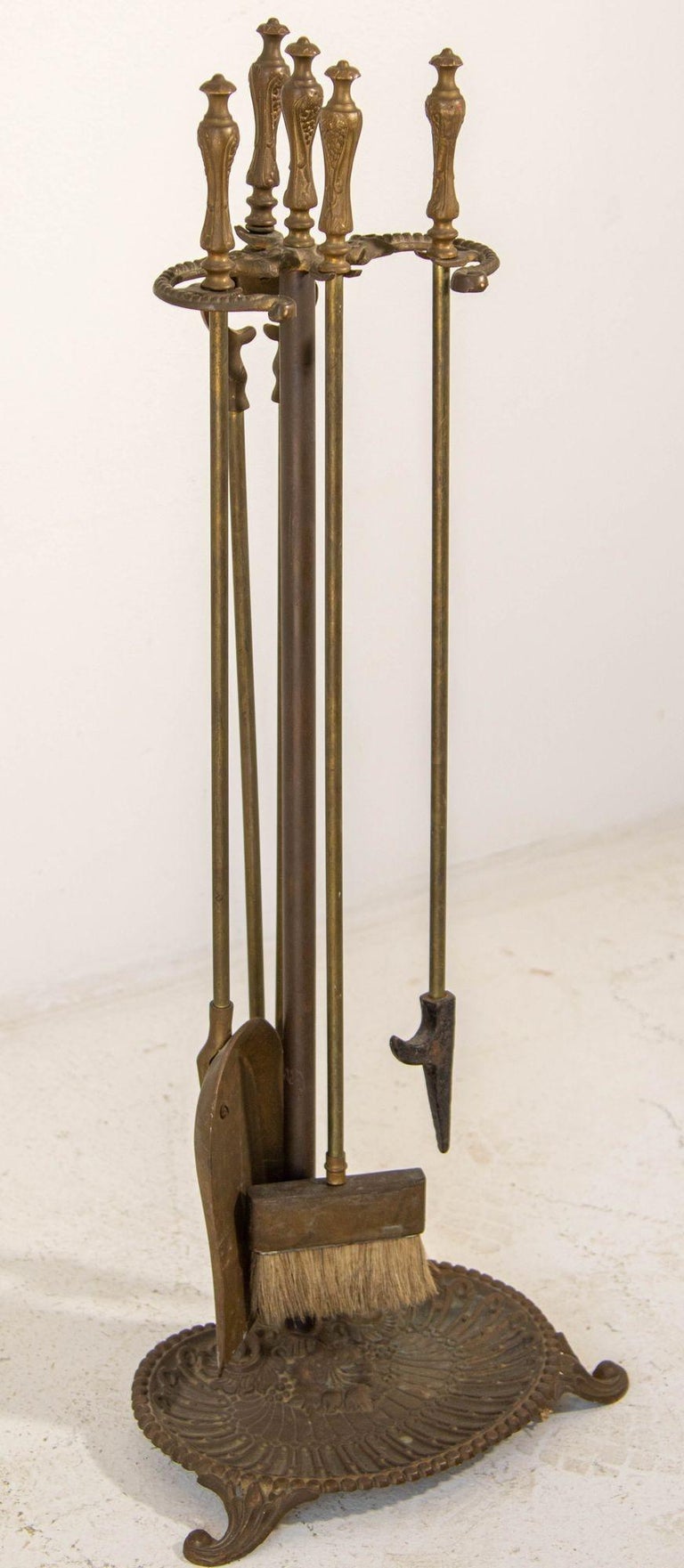 Vintage Brass American Art Nouveau Style Fireplace Tools Set For Sale