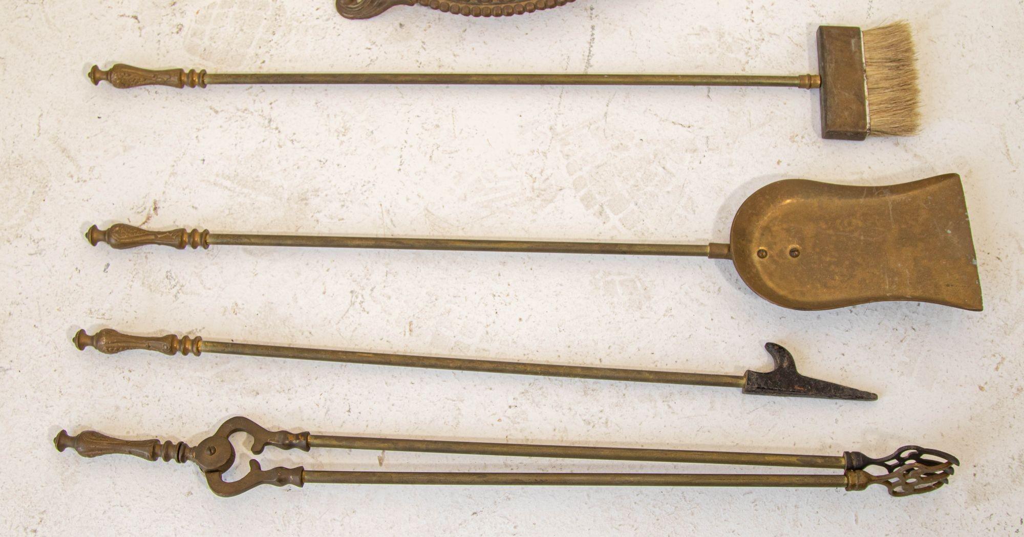 Cast Vintage Brass American Art Nouveau Style Fireplace Tools Set For Sale