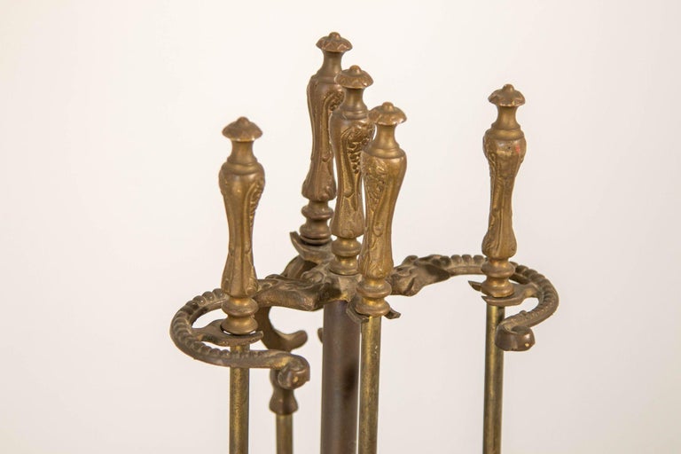 Vintage Brass American Art Nouveau Style Fireplace Tools Set For Sale