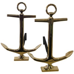 Vintage Brass Anchor Fireplace Andirons Palm Beach, a Pair