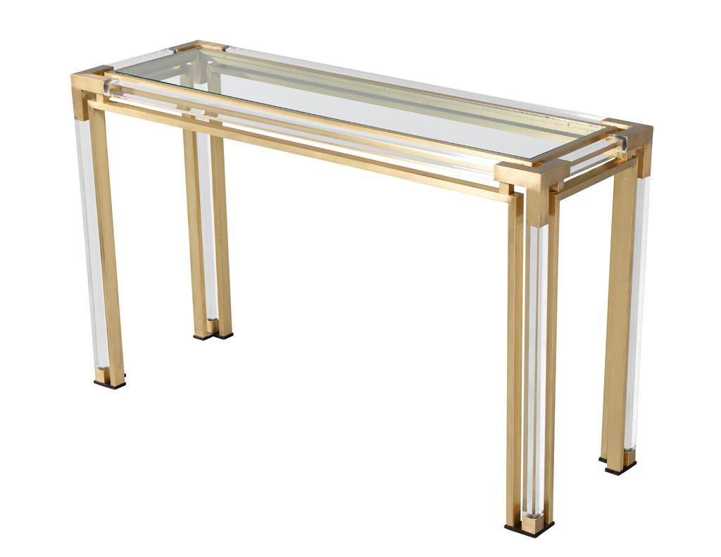 Modern Vintage Brass and Acrylic Console Table with Glass Top Circa 1970’s For Sale