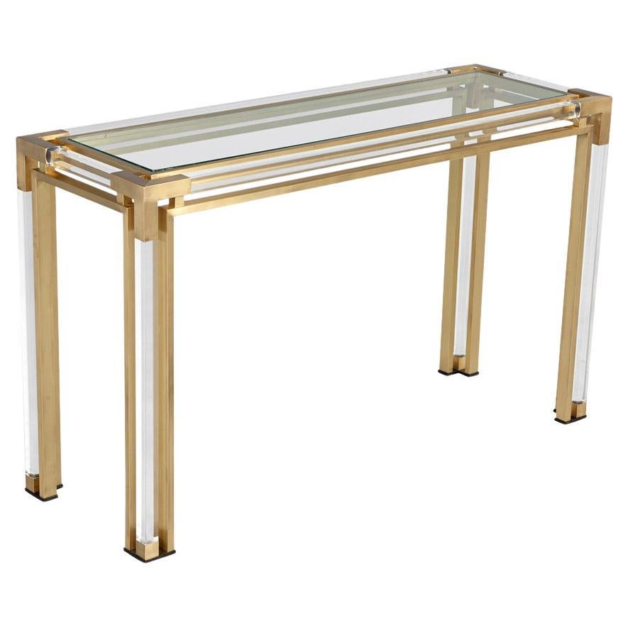 Vintage Brass and Acrylic Console Table with Glass Top Circa 1970’s For Sale