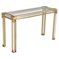 Vintage Brass and Acrylic Console Table with Glass Top Circa 1970’s