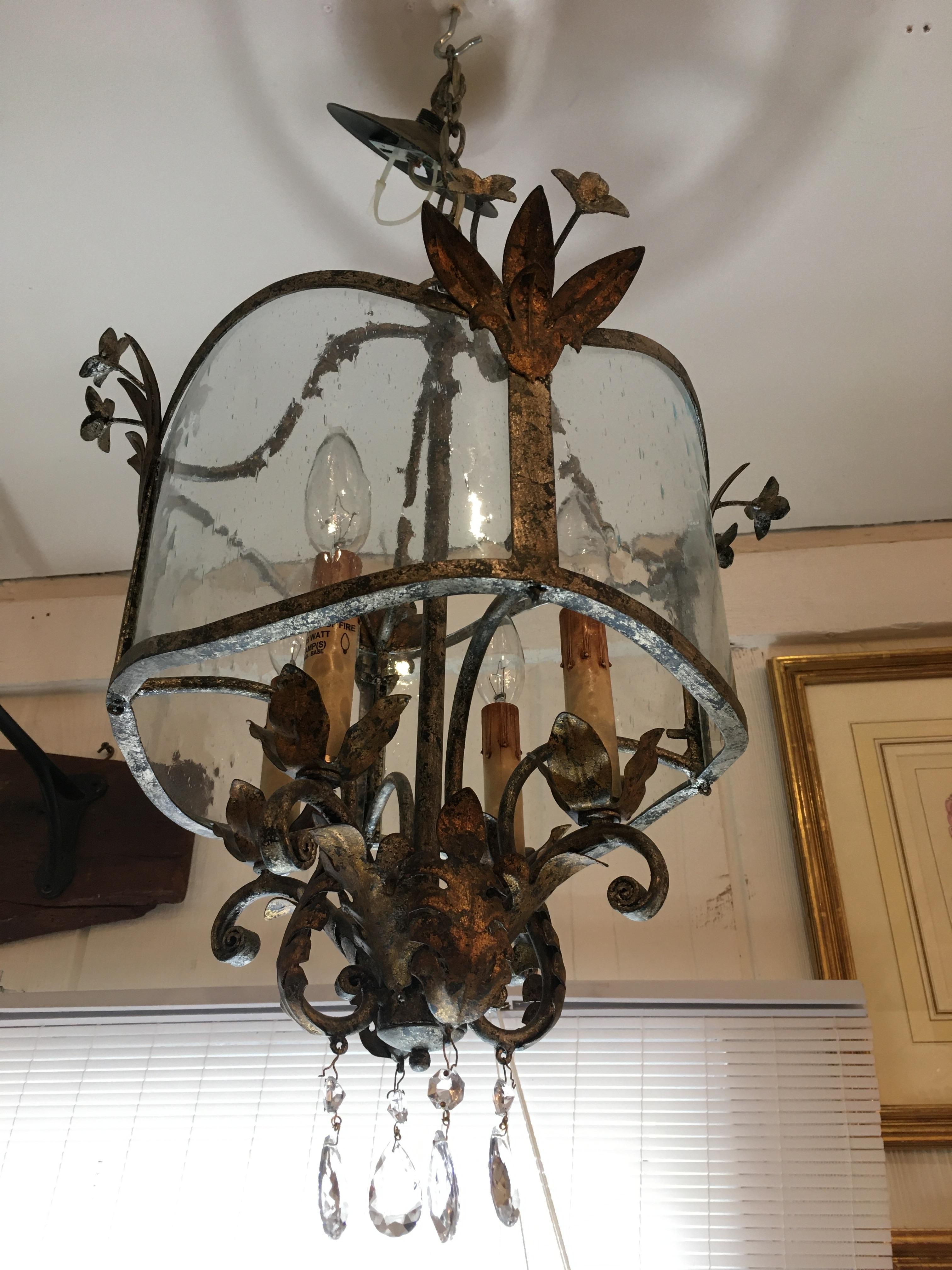 American Vintage Brass and Aged Glass Chandelier Lantern